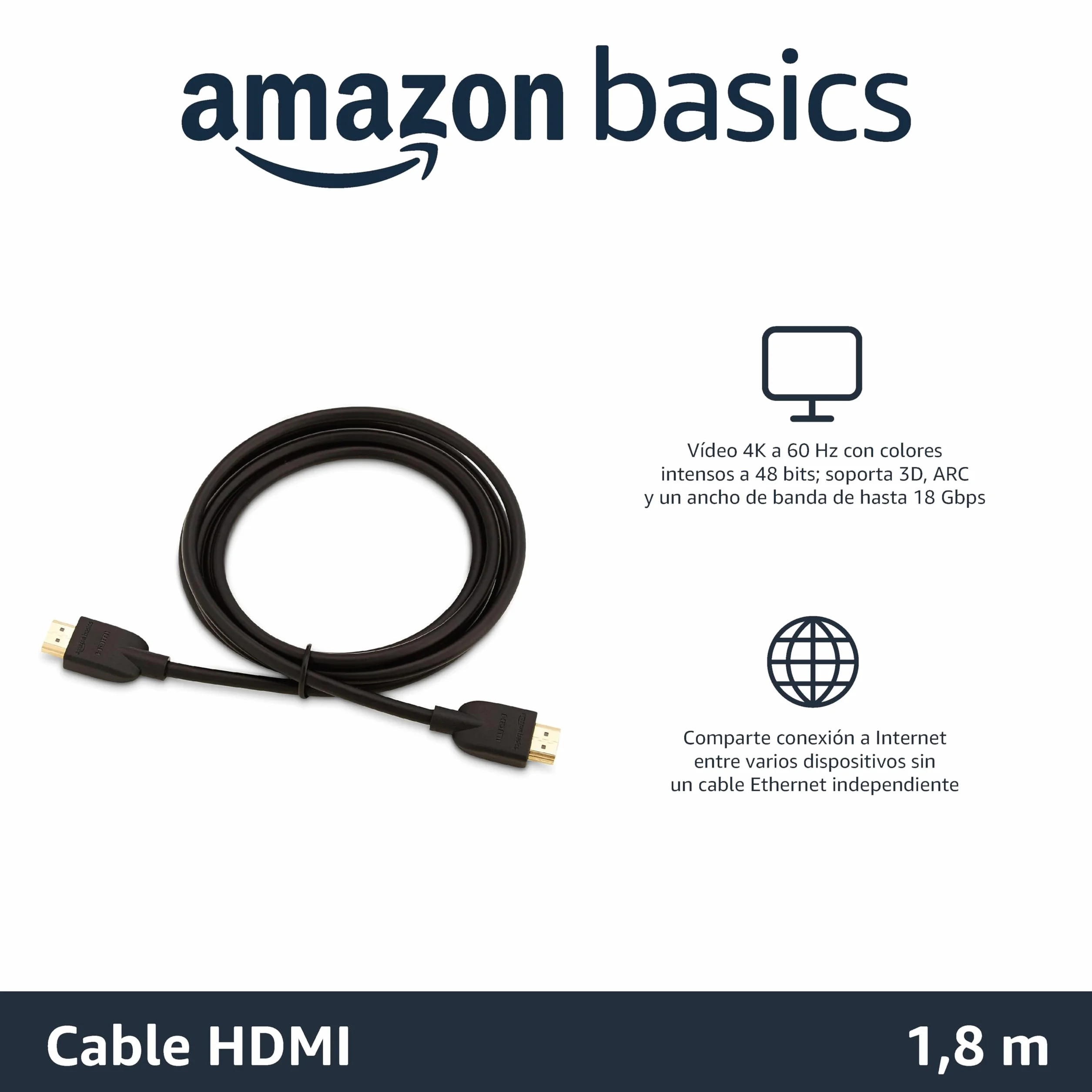 Amazon Basics Cable HDMI 4K 1.8m Alta Velocidad 18 Gbps con Ethernet 4K@60Hz 2160p Negro