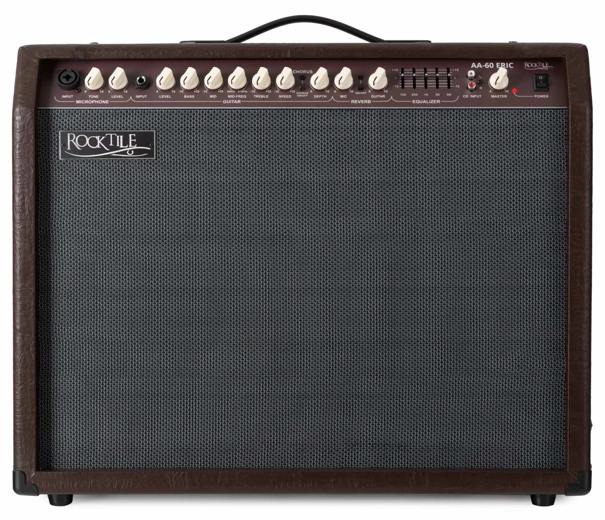 Rocktile AA-60 BN Eric Amplificador Acústico 60W, 2 Canales (micrófono y Guitarra), 2 Altavoces 10" + tweeters 2,5", Entrada AUX, Salida línea, Efectos Chorus y reverberación, marrón.
