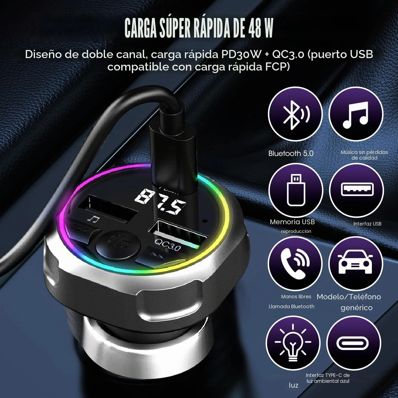 Transmisor Radio FM Bluetooth 5.3 Coche, USB C PD 30W + QC3.0 48W Cargador Coche Rápido, Receptor Parrot Manos Libres,Adaptador de Audio MP3, para Teléfono Móvil/Unidades Flash USB,Conectar y Usar