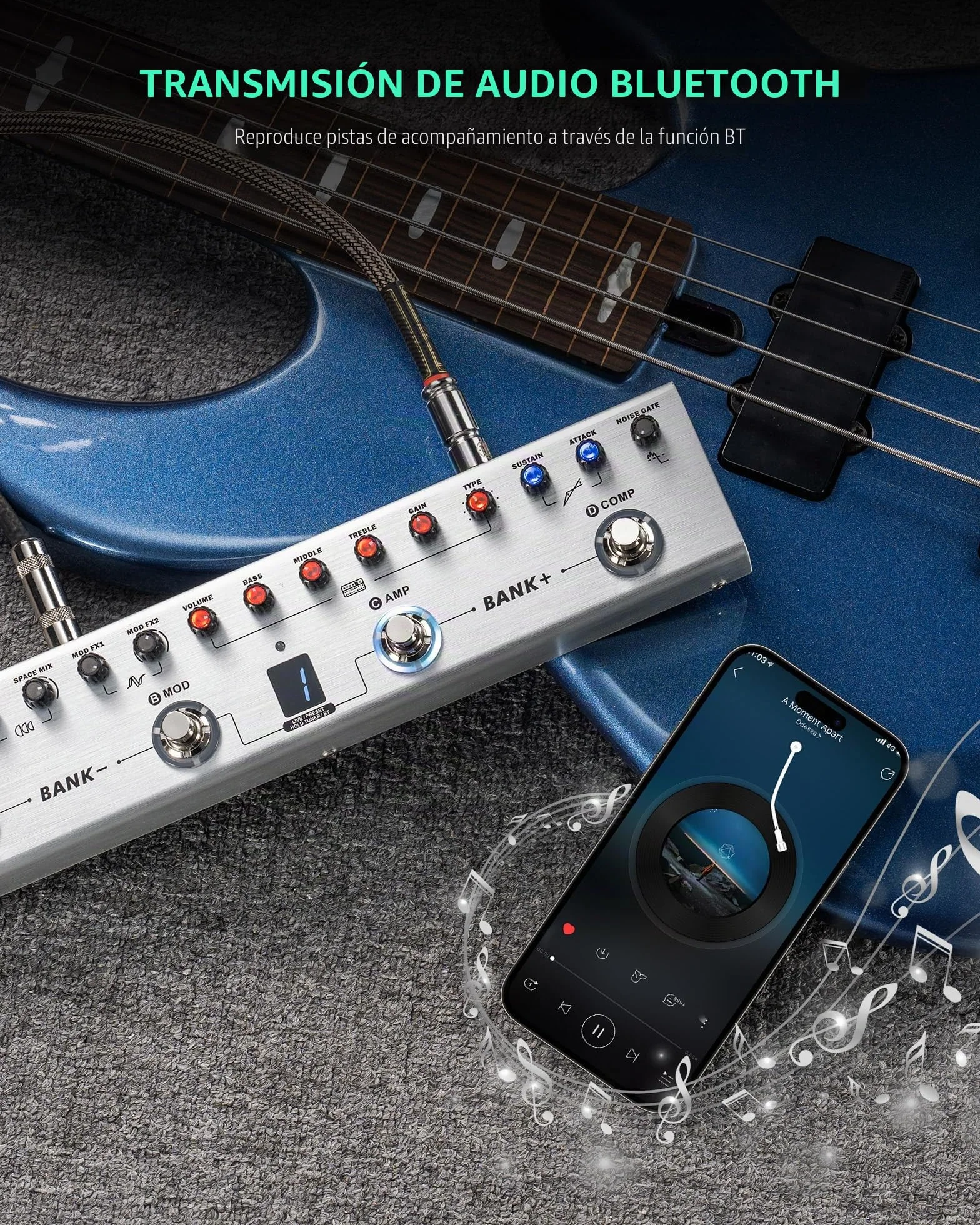 LEKATO Pedal Multi Efectos para Bajo con 36 Presets editables,Compresor,Space,MOD,Reverb,Carga IR,Grabación,Afinador,Batería incorporada,Conexión BT (Bajo)