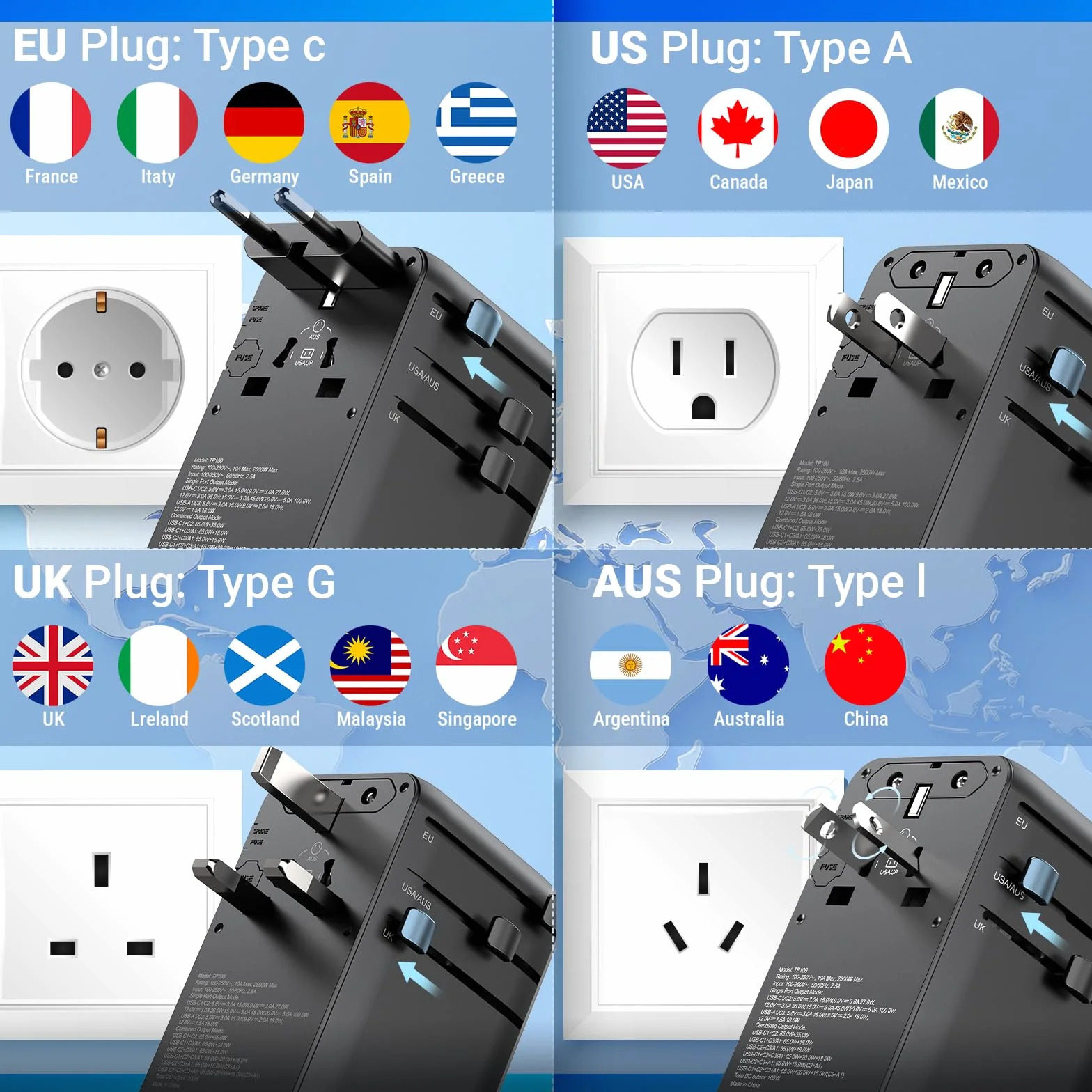 MINIX - Adaptador de viaje universal de 100 W con cable USB C retráctil, PD 3.0 GaN III, puertos USB-C * 3 USBA * 1, enchufe AC, cargador de viaje mundial para ordenadores portátiles y tablets