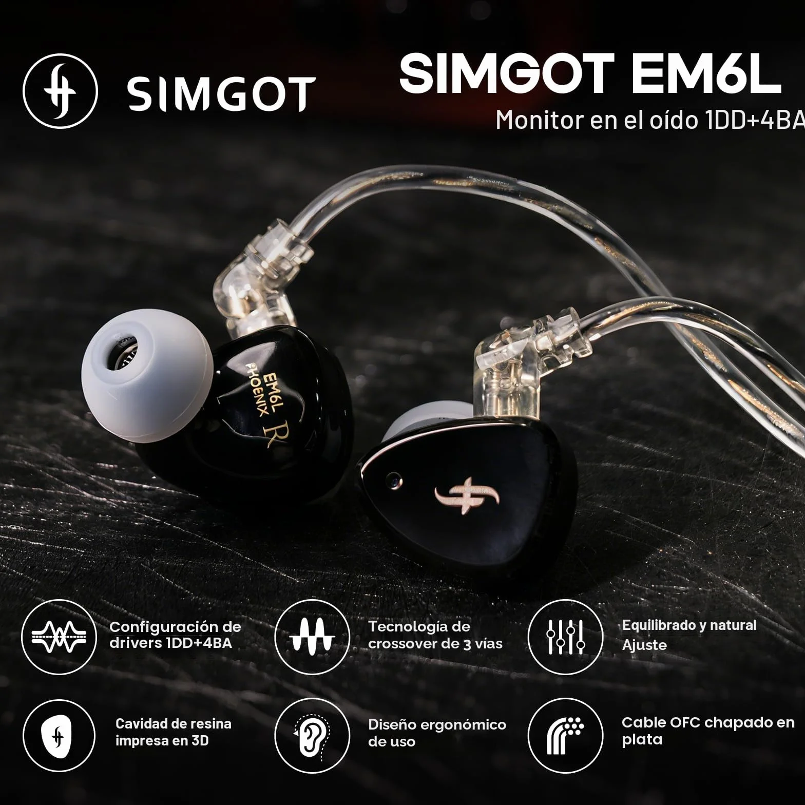LINSOUL SIMGOT EM6L Monitor de Altavoces Híbrido con Carcasa 3D, Auriculares HiFi In-Ear, Cable OFC Plateado Extraíble (Negro, EM6L)