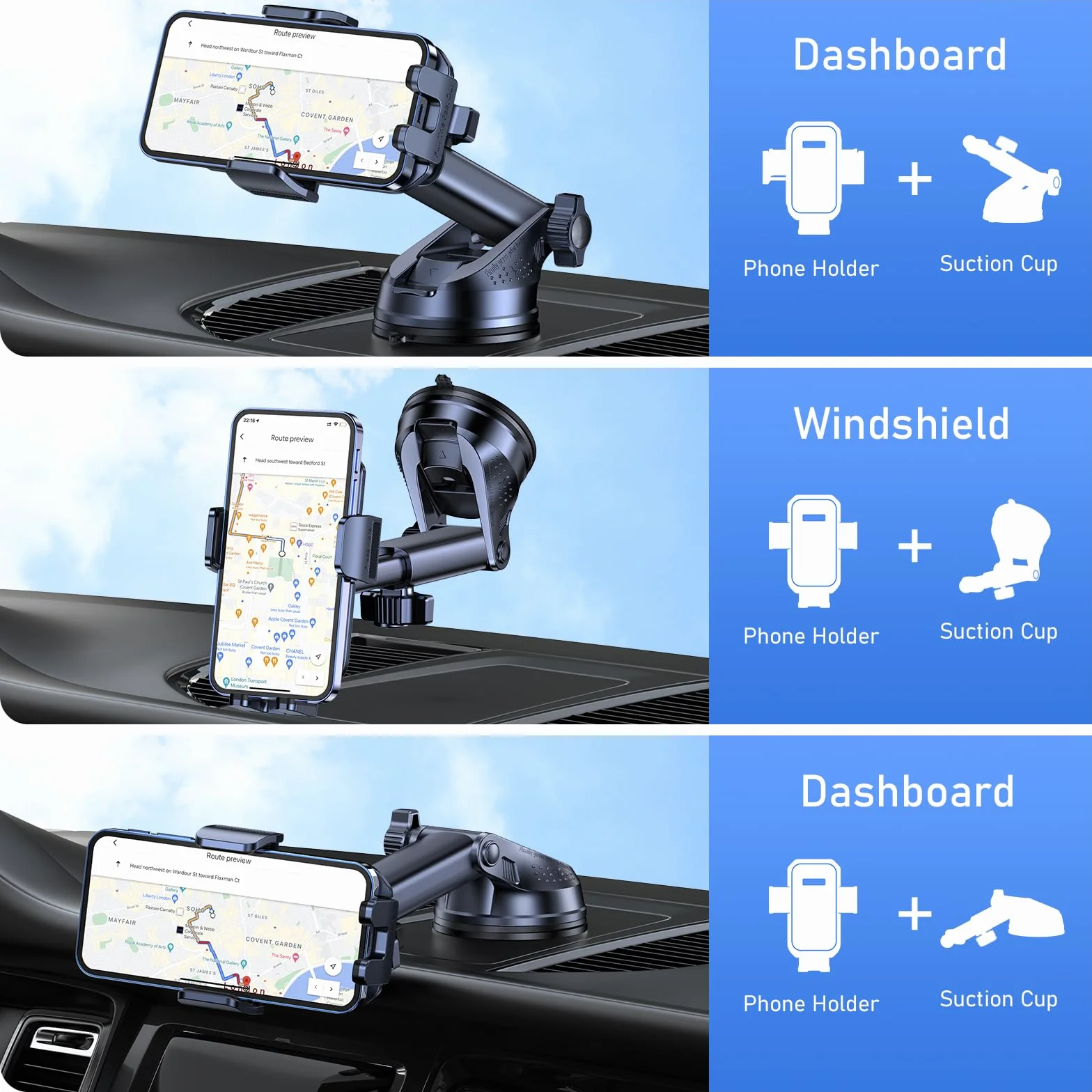 Blukar Soporte Móvil Coche, 2023 Upgraded Ajustable Soporte Teléfono Coche con Ventosa Fuerte & 360° Rotación - Liberación de un Botón Porta Movil Coche para Todos los Teléfonos de 4.0''-7.0'' (Negro)