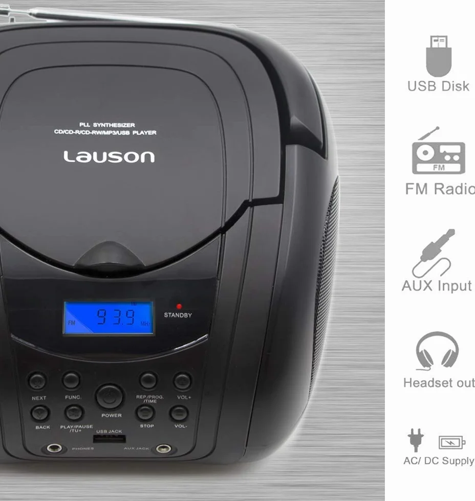 Lauson CP441 Radio Reproductor CD MP3 Boombox FM Estéreo Portátil USB Pantalla LCD Sintonizador Digital Negro