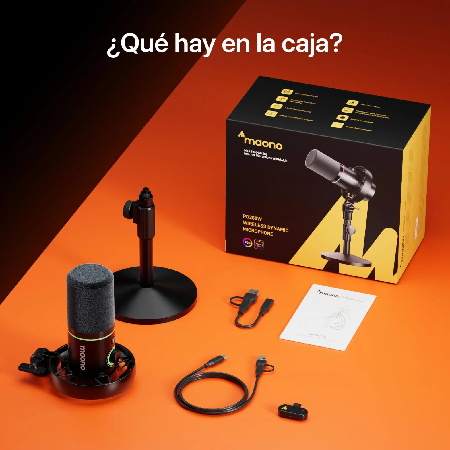 MAONO PD200W - Micrófono híbrido de Podcast inalámbrico para PC, micrófono dinámico XLR USB con trípode de Mesa, Software, reducción de Ruido, para Streaming, grabación Vocal, creación de Contenido