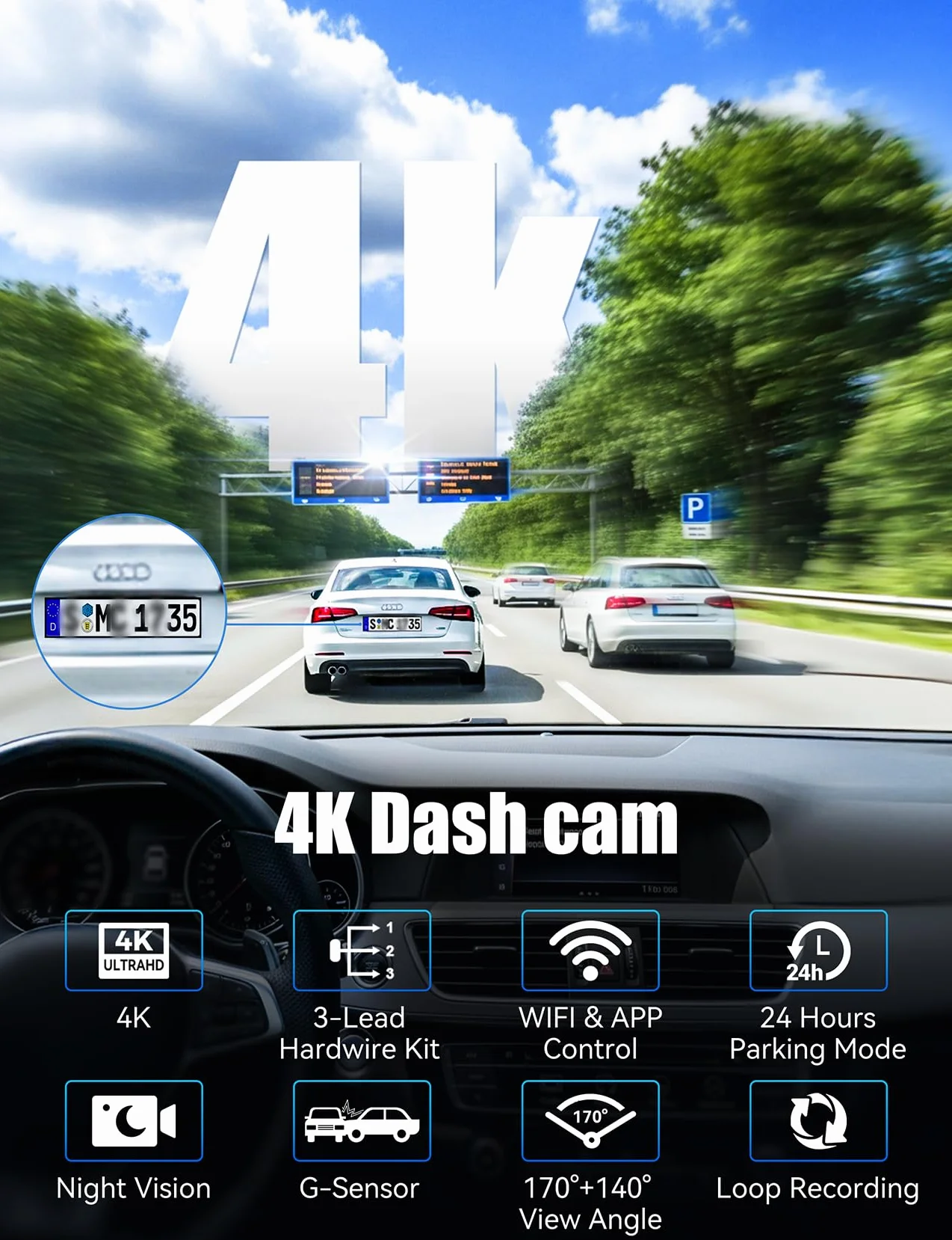 3 Canales Dash CAM Coche, 4K+1080P Camara Coche con WiFi & App Controlcon, Tarjeta 64G, Super Visión Nocturna, Gran 170°, WDR, Grabación de Bucle, G-Sensores, Monitor de Aparcamiento (Negro)