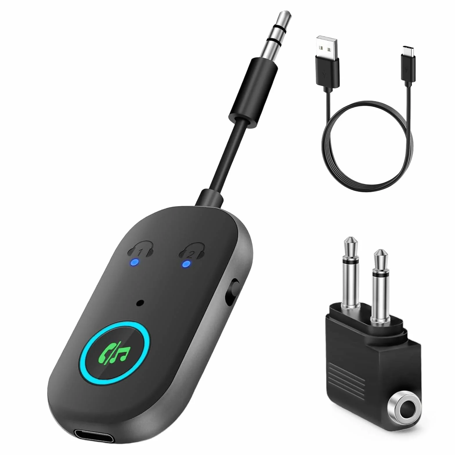 Transmisor Receptor Bluetooth 5.3,2 en 1 Transmisor Bluetooth Jack 3.5mm,receptor bluetooth jack 3.5mm Soportes para 2 AirPods/auriculares,adaptador bluetooth para TV/Avión/Coche/Auriculares/Altavoces
