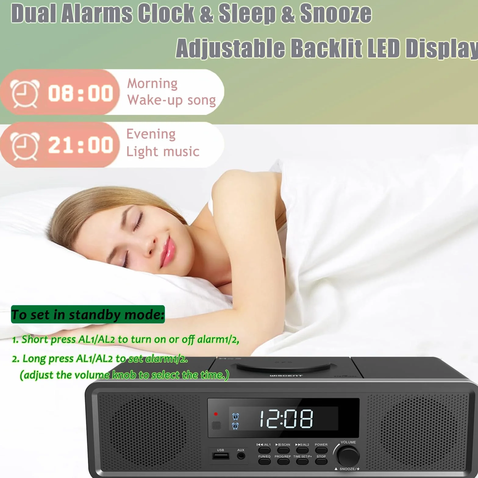 Sistema estéreo HiFi Compacta con CD, Radio FM, Bluetooth, USB, Auxiliar, Reloj Digital