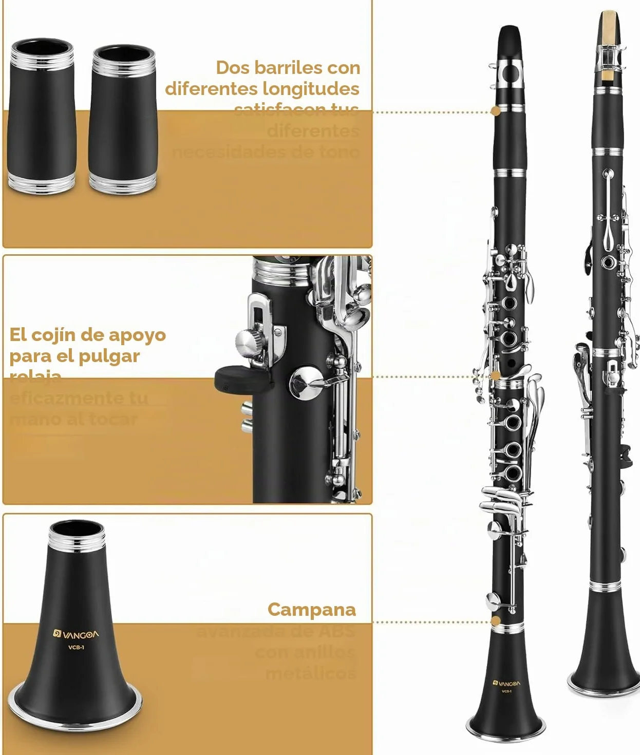 Vangoa B Flat Clarinet 17 llaves de níquel para principiantes, juego de clarinete para estudiantes con boquilla 4C, kit de limpieza, estuche rígido, soporte, 10 cañas y guantes, negro