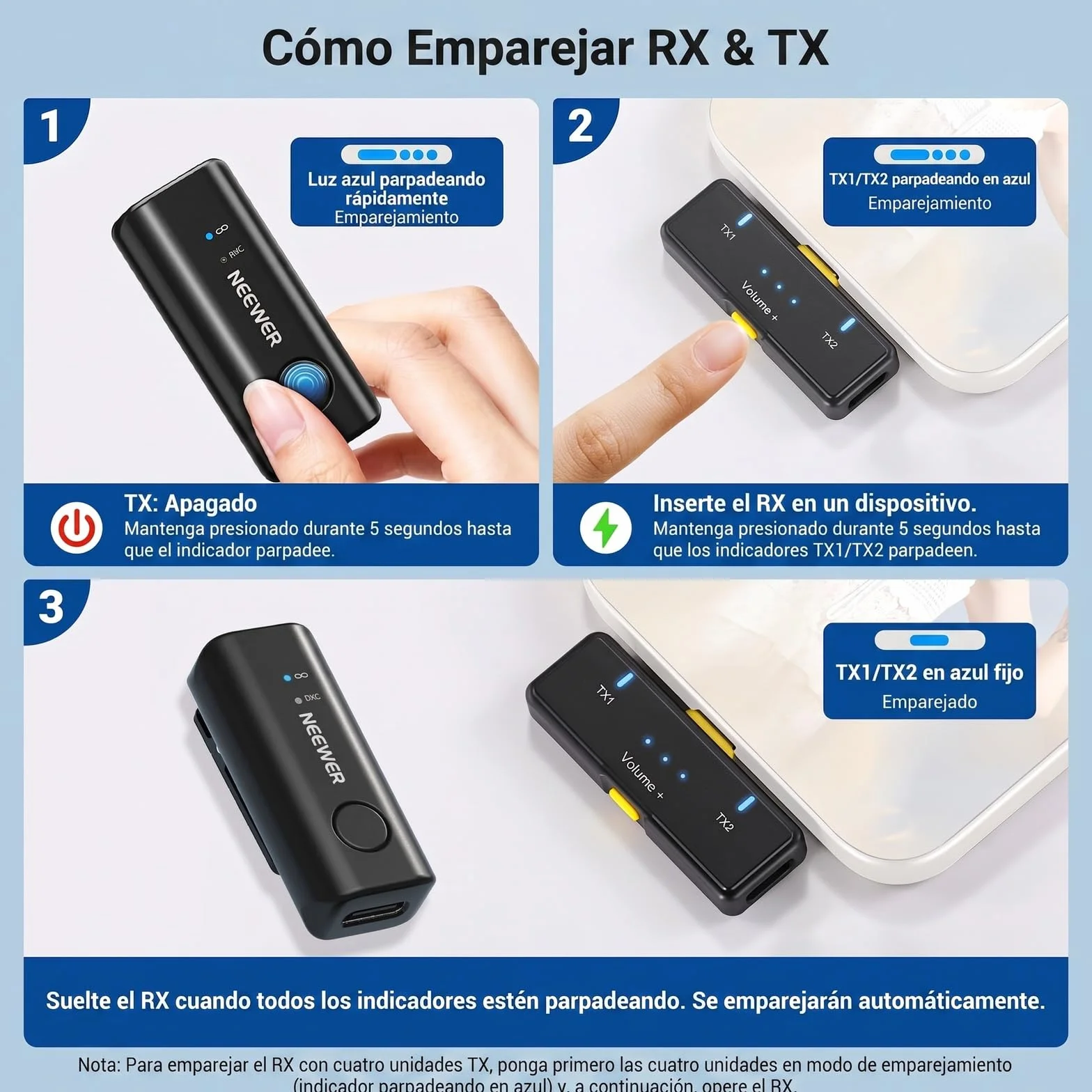 NEEWER KM23C Micrófono Solapa Inalámbrico Compatible con iPhone Android Tablet PC Laptop, Omnidireccional 48K/24Bit 20-20KHZ AI Cancelación Ruido Silenciador 70m Alcance 32h Batería (1x RX + 4X TX)