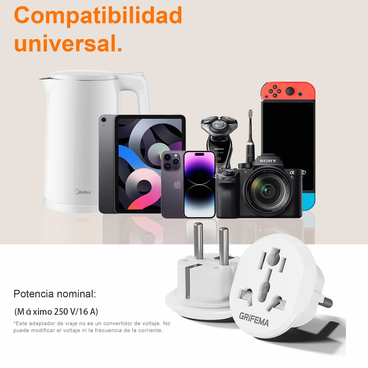 GRIFEMA Adaptador de Viaje Universal 4000W Tipo C E F España Francia Alemania (Pack de 2)