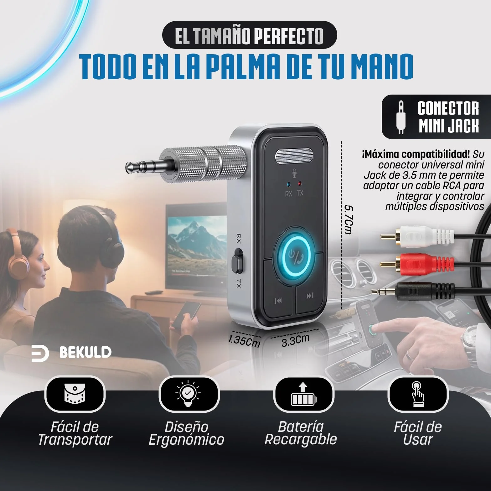 Super Pack Receptor Bluetooth y Transmisor Bluetooth 5.3 Jack 3.5 + RCA | Adaptador Bluetooth Coche AUX y TV | Manos Libres Coche Bluetooth HD, Baja latencia, batería 12h