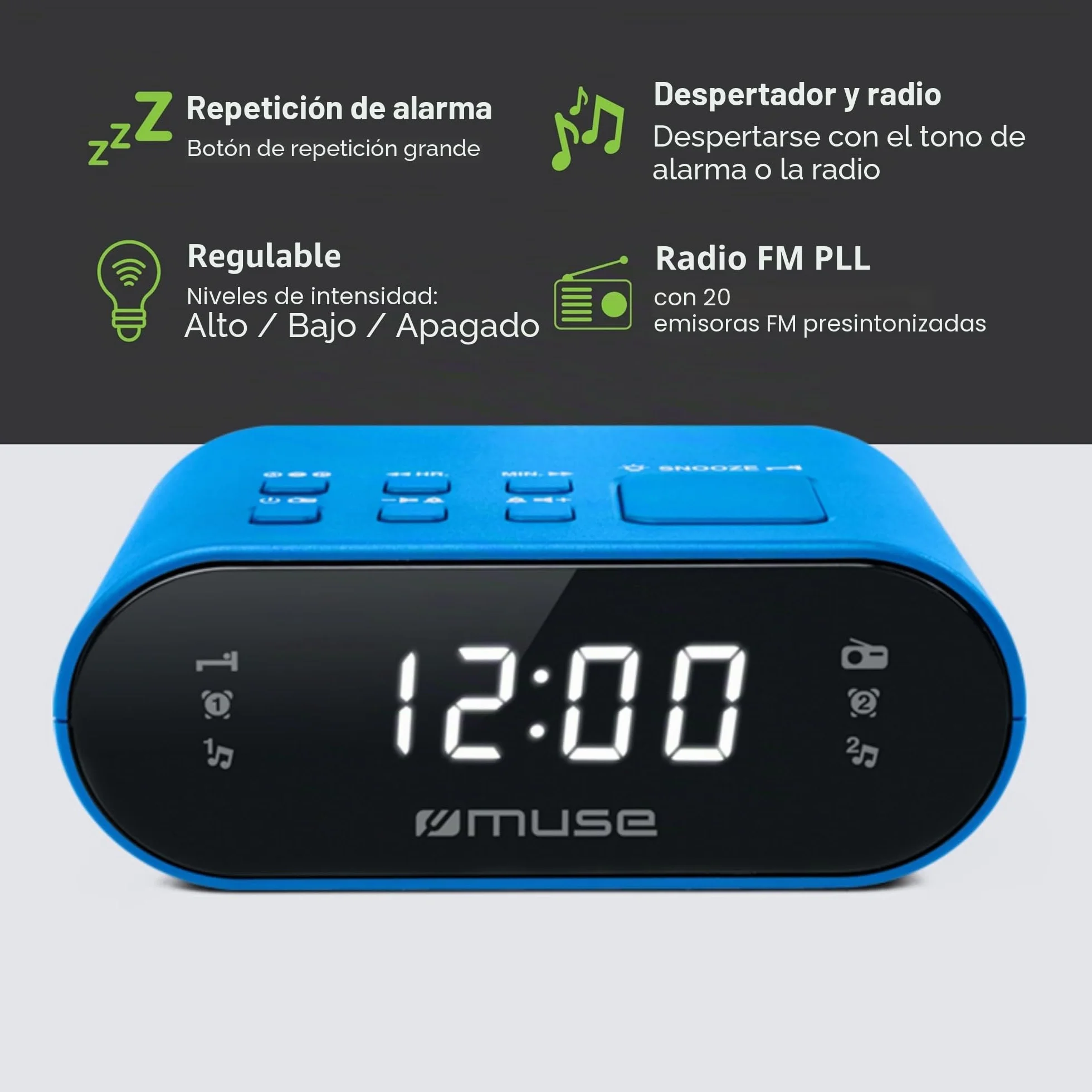Muse M-10 - Radiodespertador con 2 alarmas PLL, Reloj de 24 Horas, regulador de Intensidad, Color Azul