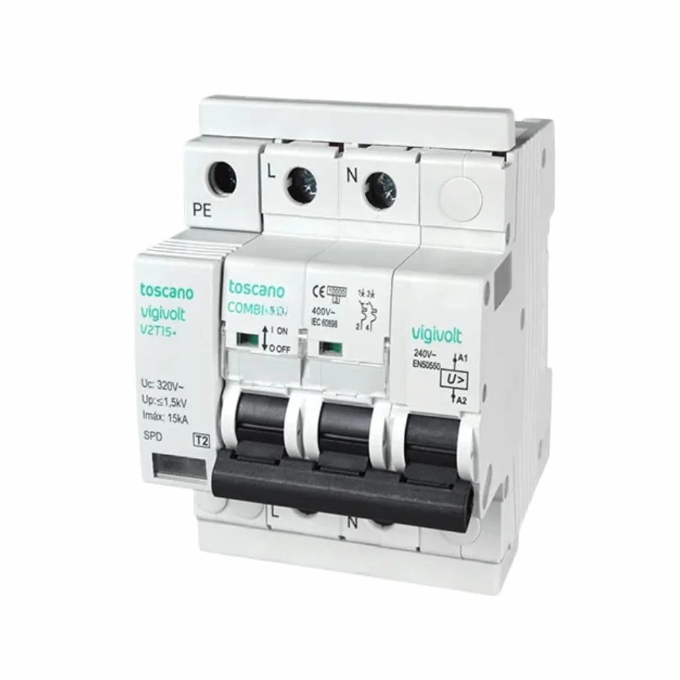 Rasmacor | Tóscano Protector Sobretensiones Transitorias y Permanentes 2P 32A COMBI-2P32T15 Toscano | No instalar en líneas sin neutro 240V | IGA 10kA | Imax 15kA | Montaje en Rail DIN