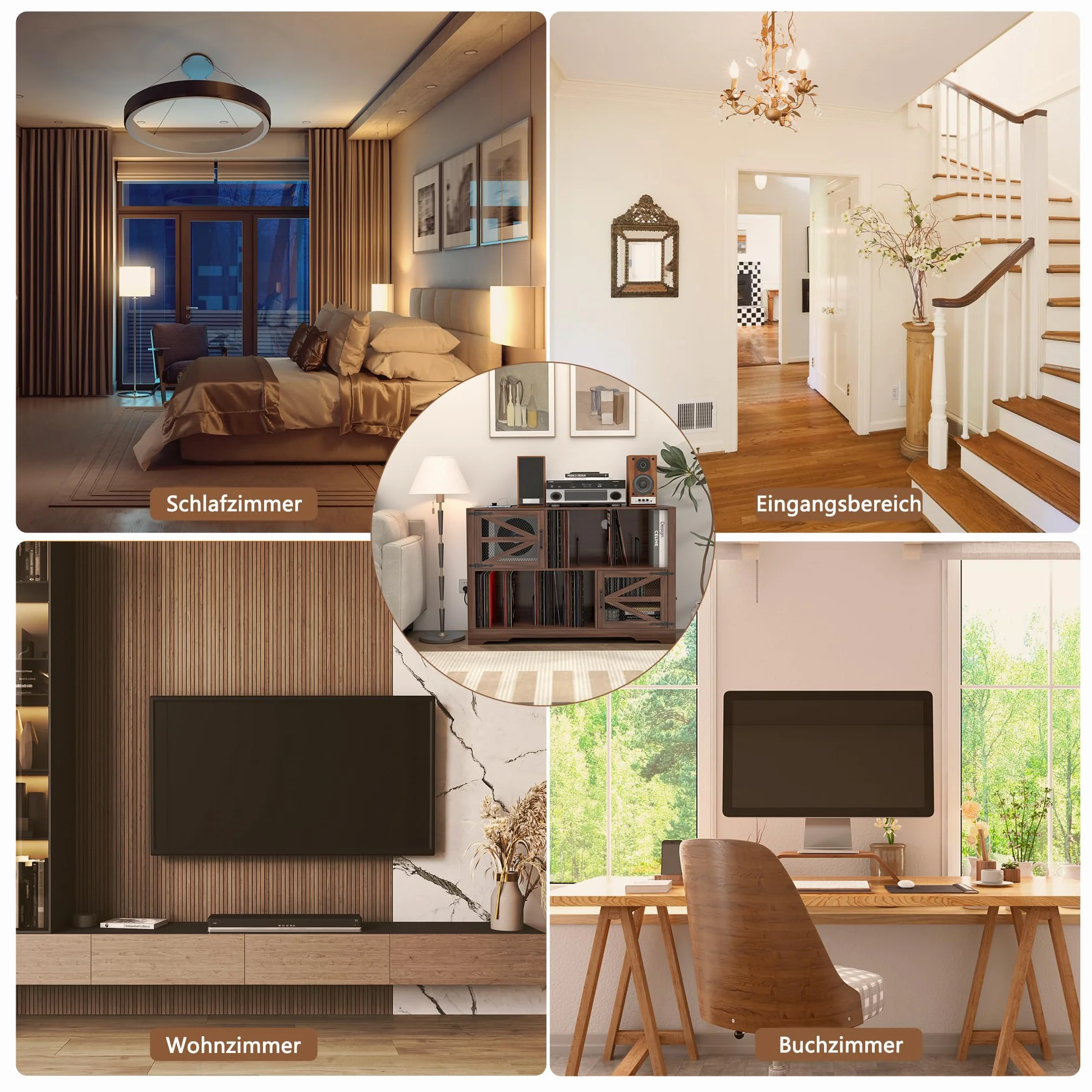 MDF Mueble para Discos de Vinilo con Acabado Nogal,Soporte para 500+ Vinilos, 2 Enchufes & 2 USB, Antivuelco, Mueble Compacto para Salón y Tocadiscos,Color Nogal
