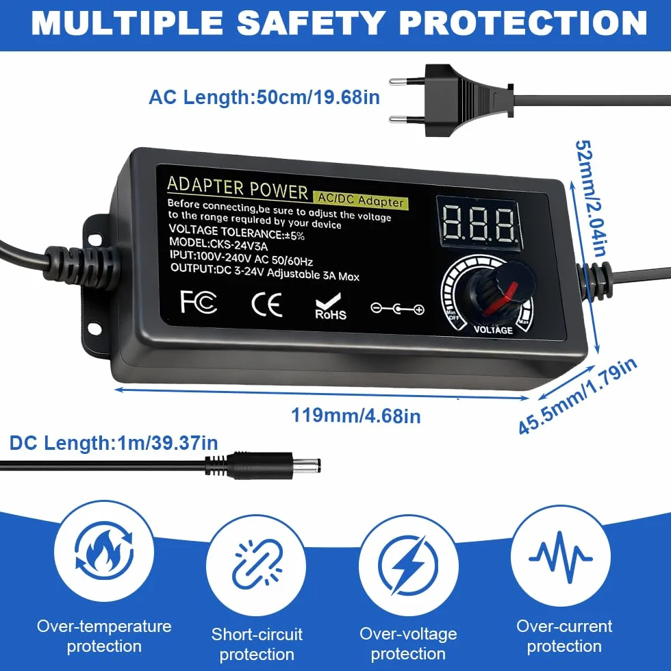 Fuente de Alimentación Universal 3V-24V, Fuente de Alimentacion Regulable 3A 72W, 100-240V AC a DC Adaptador de Corriente Universal con Pantalla Digital y 14 Conectores, Motor CC, 3A Máx