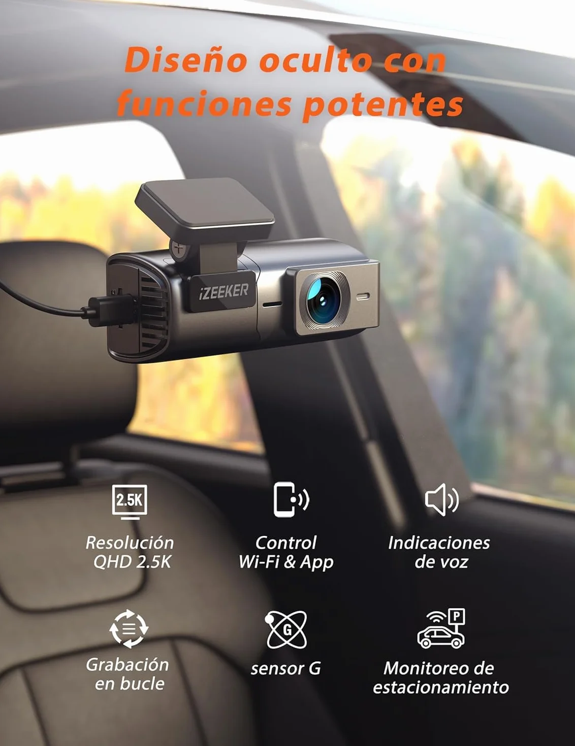 iZEEKER 2.5K Dashcam WiFi Cámara para Coche 1440P Front Dashcam Visión Nocturna WDR G-Sensor Grabación en Bucle Modo Parking 24H