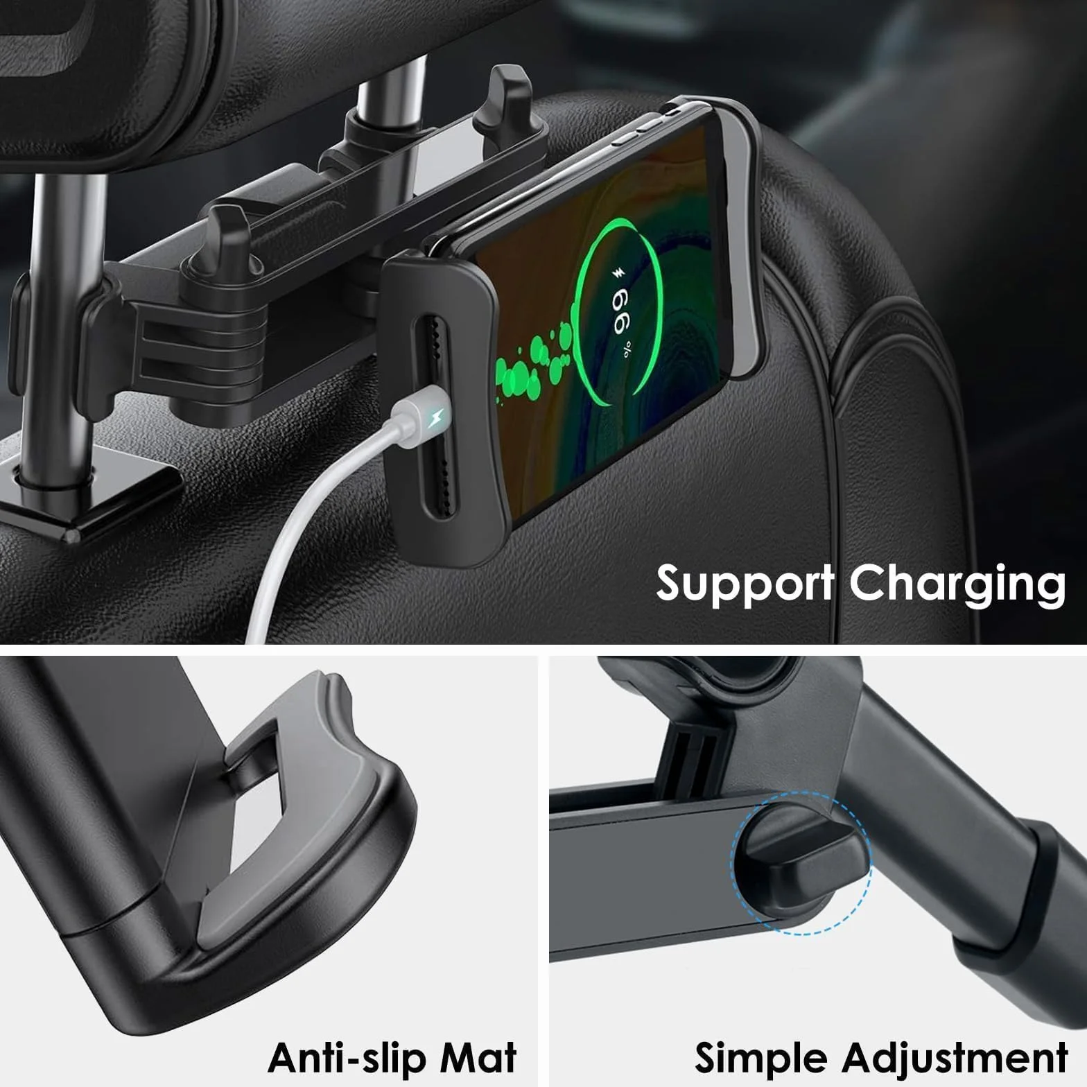 Linkstyle Soporte Tablet Coche, Extensible Soporte Reposacabezas Asiento Trasero Rotación 360°, Compatible con iPad Tablet Móvil Samsung Galaxy Kindle de 4"-10.6" Pulgada