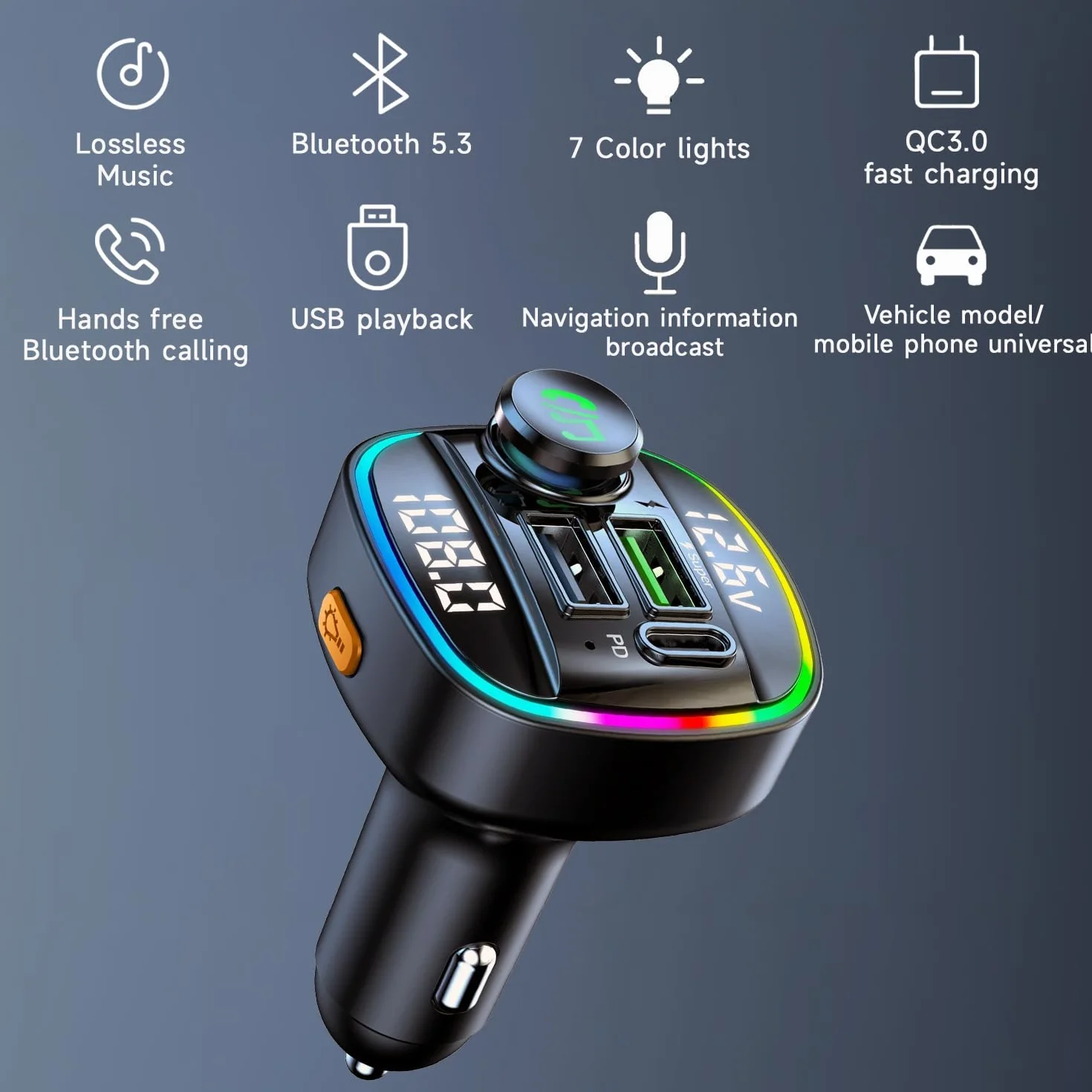 QUMOX Transmisor FM Bluetooth 5.0 para Coche, Adaptador C22 con Carga Rápida PD 20W, Pantalla de Voltaje, Gran Perilla de Control, Reproducción USB/TF, Asistente de Voz, Llamadas Manos Libres