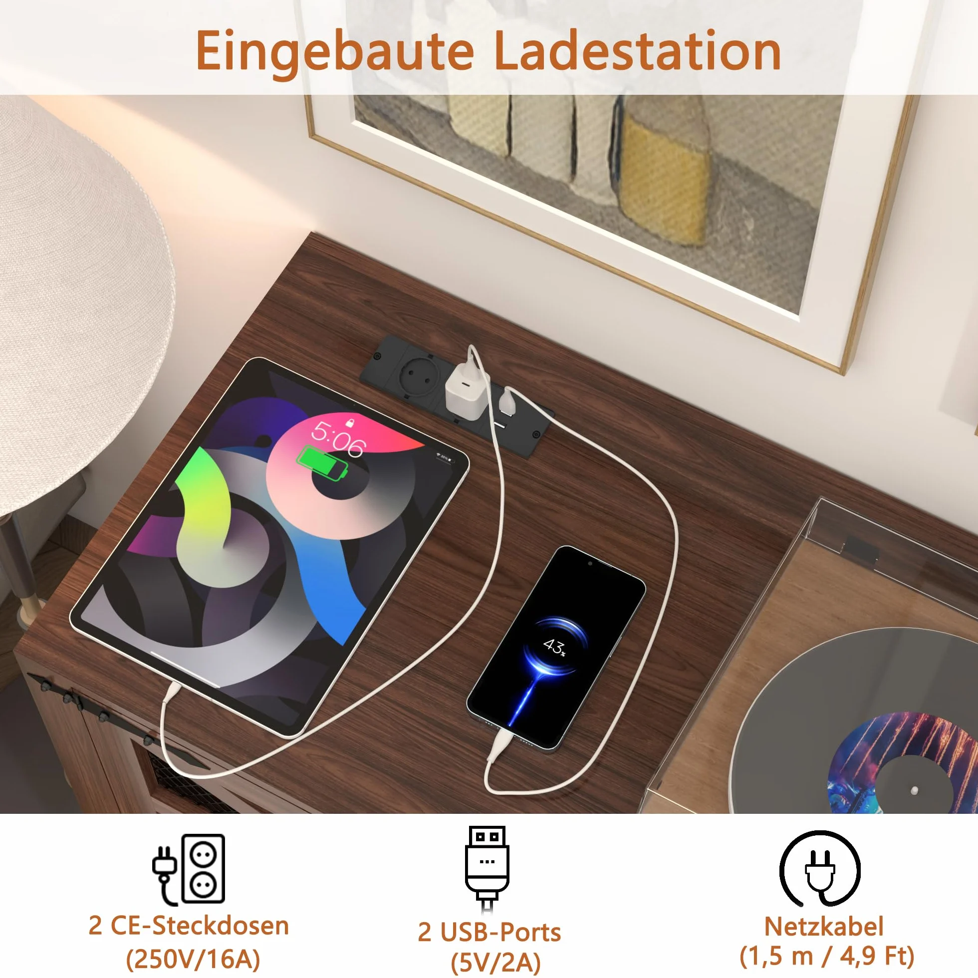 MDF Mueble para Discos de Vinilo con Acabado Nogal,Soporte para 500+ Vinilos, 2 Enchufes & 2 USB, Antivuelco, Mueble Compacto para Salón y Tocadiscos,Color Nogal