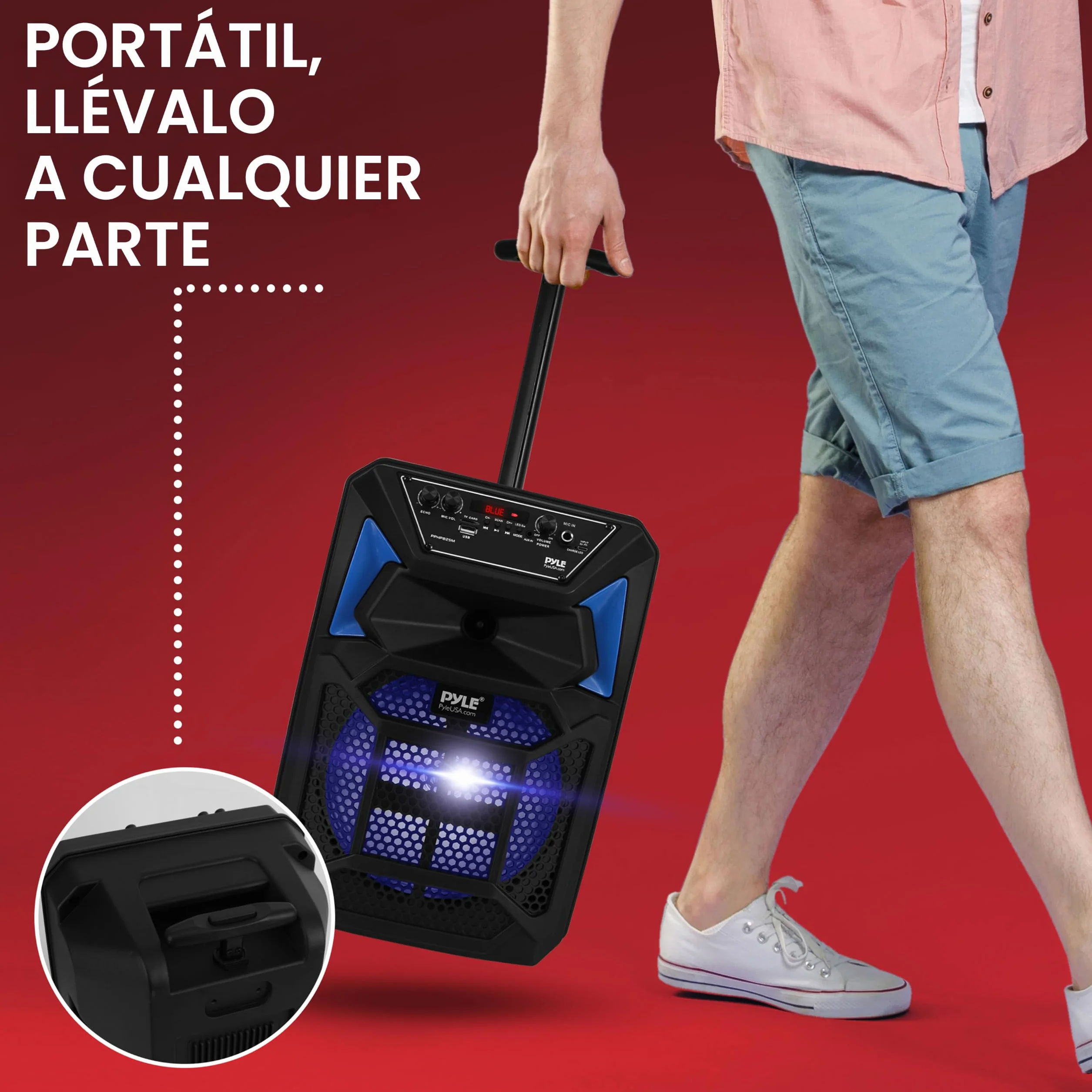 Pyle Sistema de Altavoces, PA, 400W, Bluetooth, Portatil, con microfono, Luces, Lector de Tarjeta USB SD/MP3, Radio FM, Ruedas, Mando a Distancia