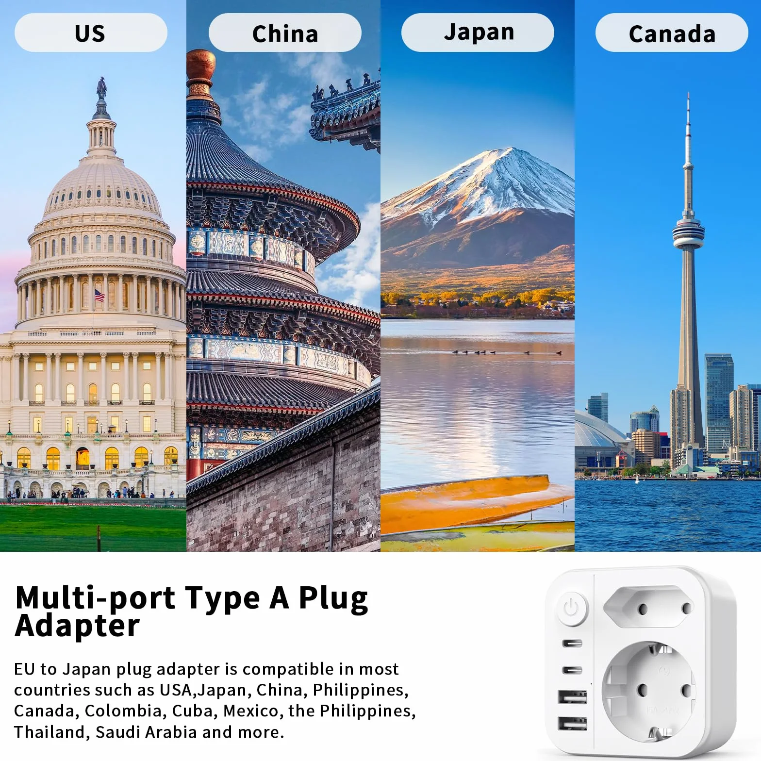 Adaptador Enchufe Japon 2500W 6 en 1 Tipo A 2 USB A 2 USB C Viaje Español a Japones América México Canadá Tailandia