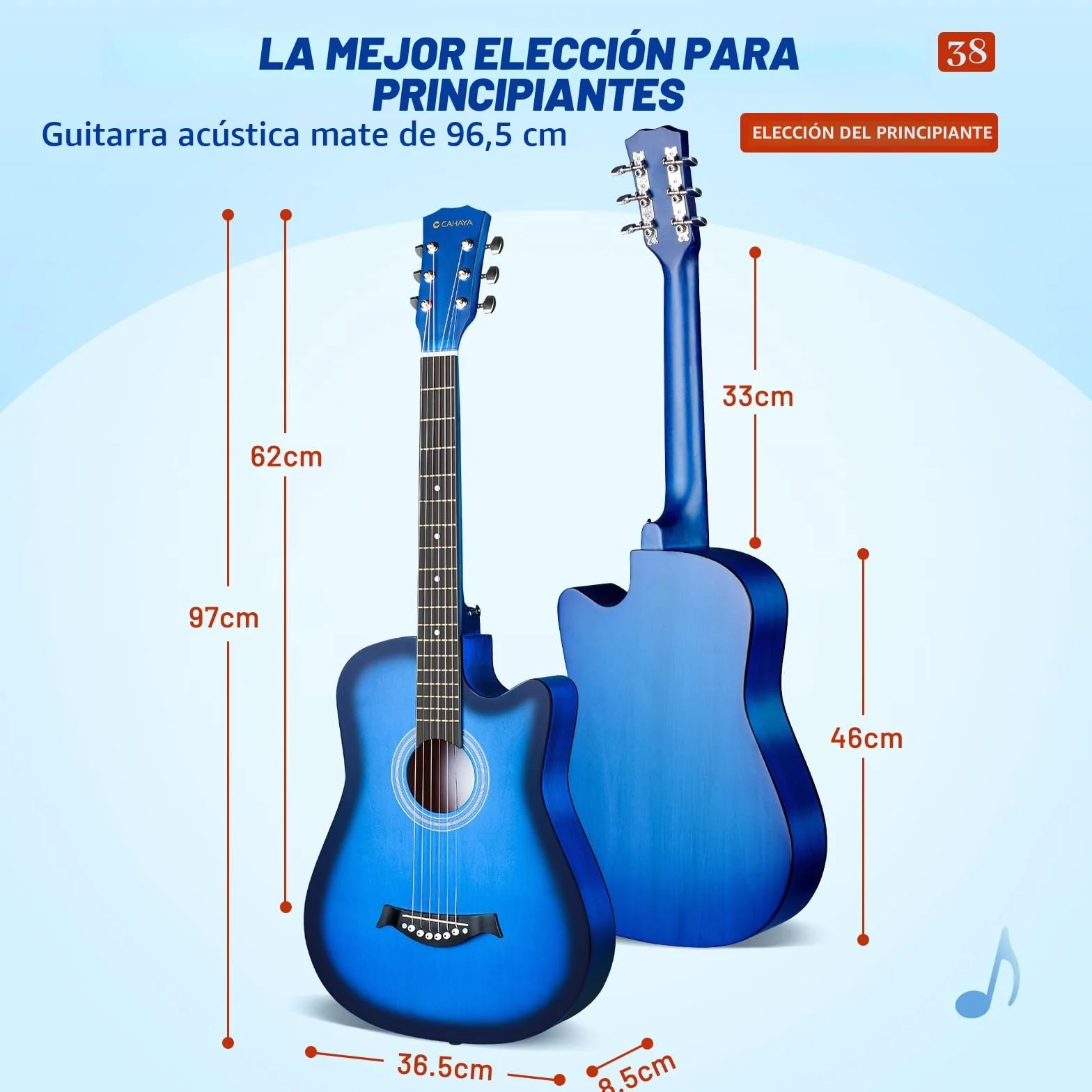 CAHAYA Guitarra Acústica De Tamaño Completo De 38 Pulgadas con Cuerdas De Repuesto, Estuche, Correa, Púas, Cejuela, Pegatinas, Azul, CY0354