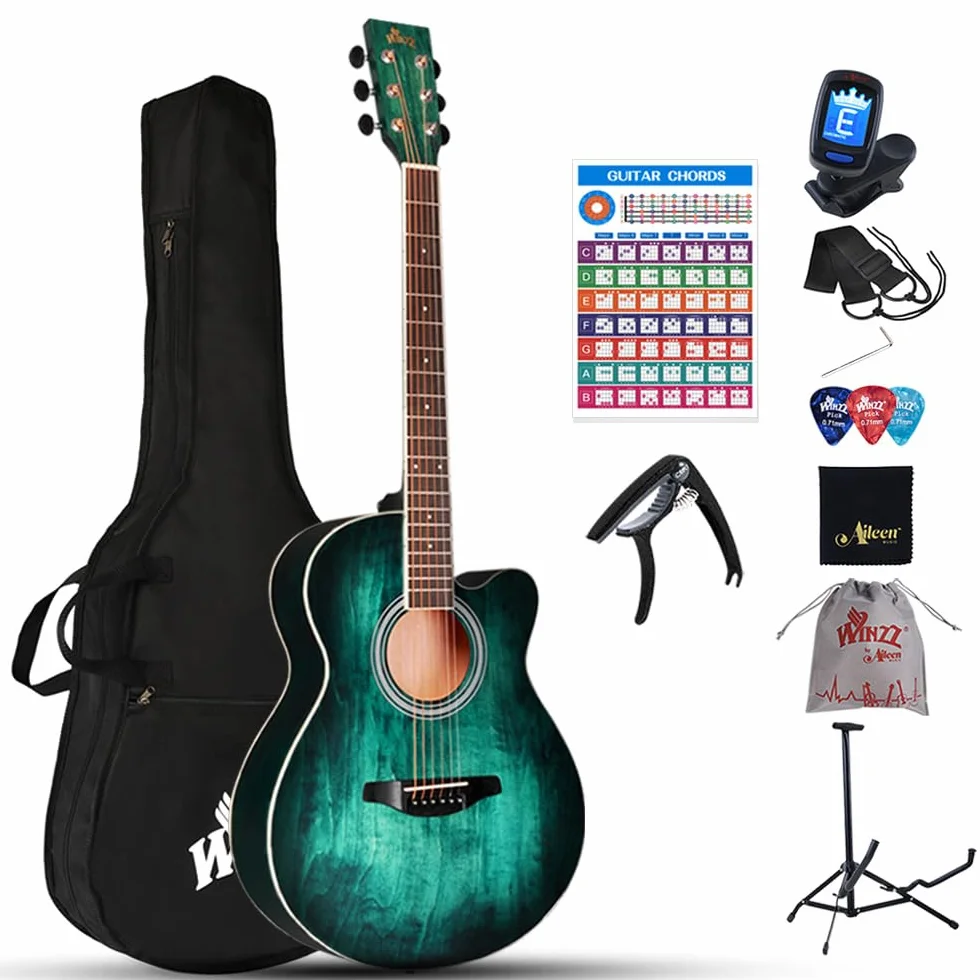 Winzz 40 Pulgadas Guitarra Acústica con Cuerdas de Acero para Principiantes Adultos y Estudiantes, Elegante Diseño de Color Único (Azul-Verde)