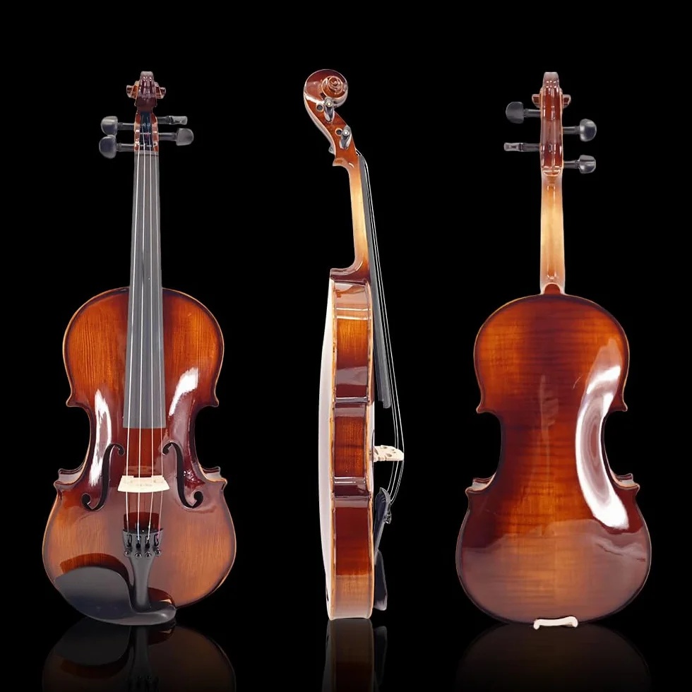 Violín 4/4 conjunto completo para principiantes, adultos, estudiantes, violín de madera maciza de arce y abeto envejecido, accesorios de ébano con estuche rígido, soporte para hombro, arco