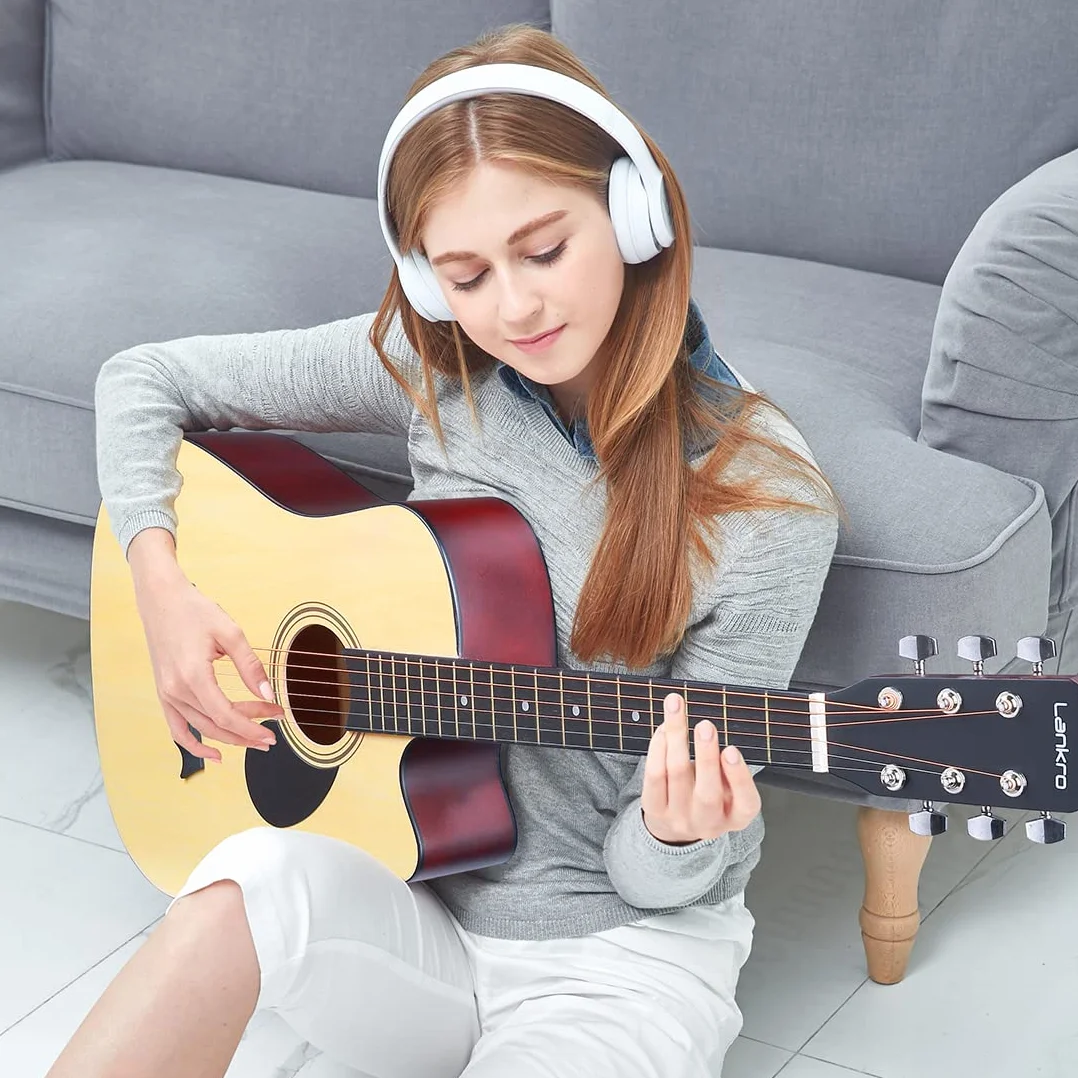 Guitarra acústica de 38 pulgadas para principiantes, guitarra occidental, natural, tilo, cutaway, juego de guitarra, con bolsa de concierto, cuerda de aprendizaje, selección, paño de limpieza