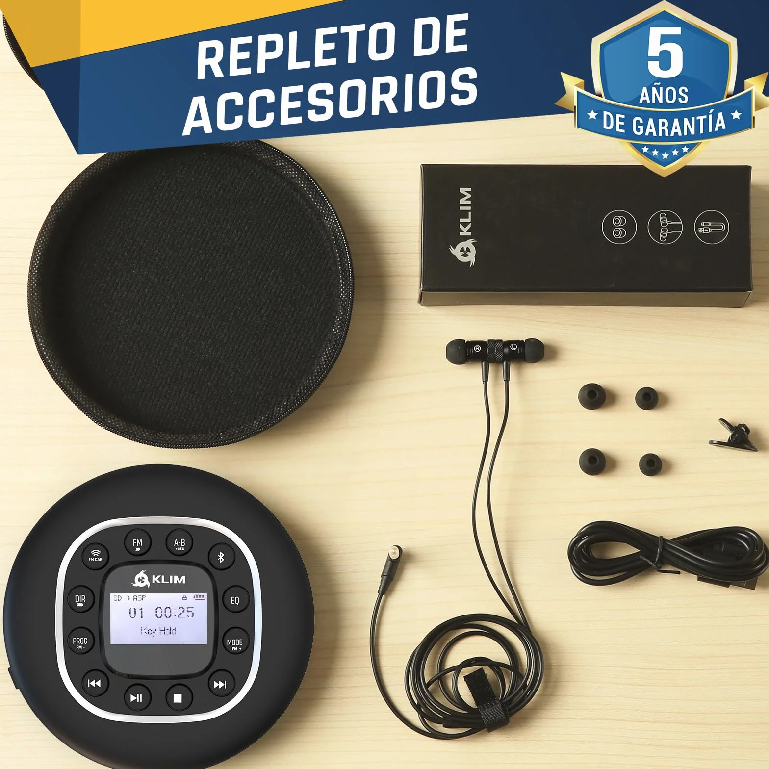 KLIM Journey Reproductor de CD Portátil con Radio FM, Bluetooth, MP3, SD Card y Auriculares