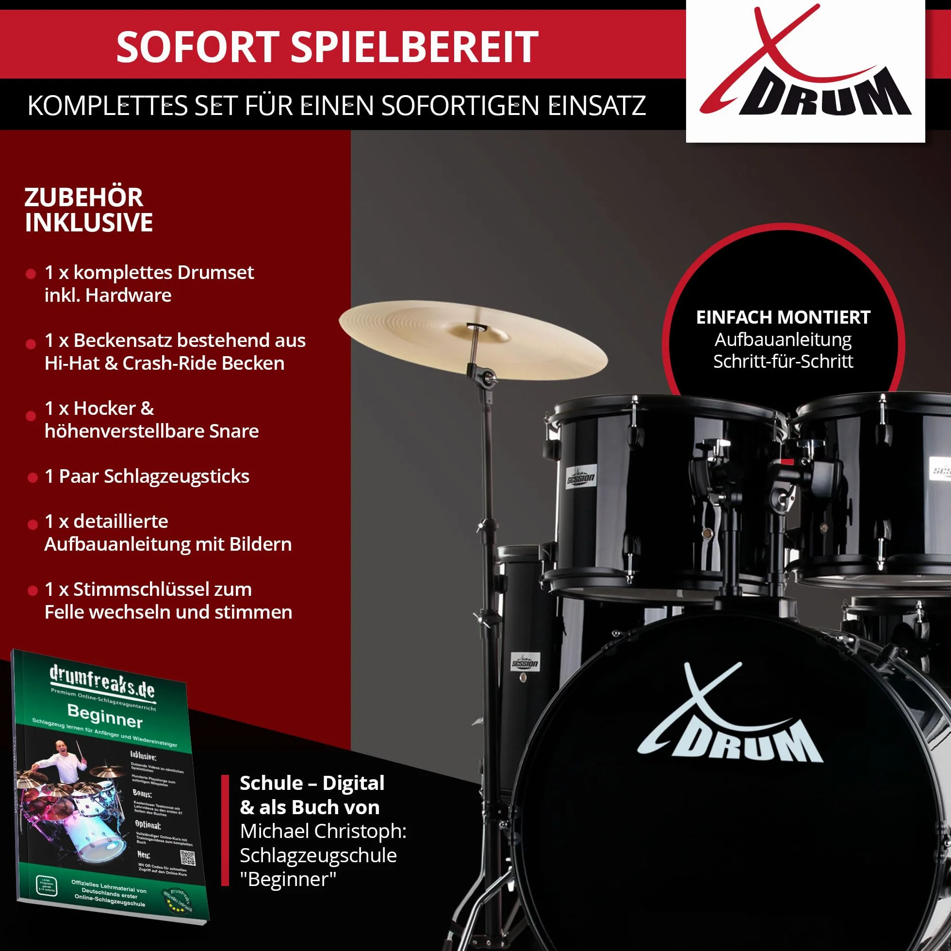 XDrum Rookie 22" Fusion Set Completo de Batería Black - Ideal para Principiantes - Hardware Estilizada en Negro - Incluye Baquetas, Manual de Montaje y Escuela de Batería - Negro