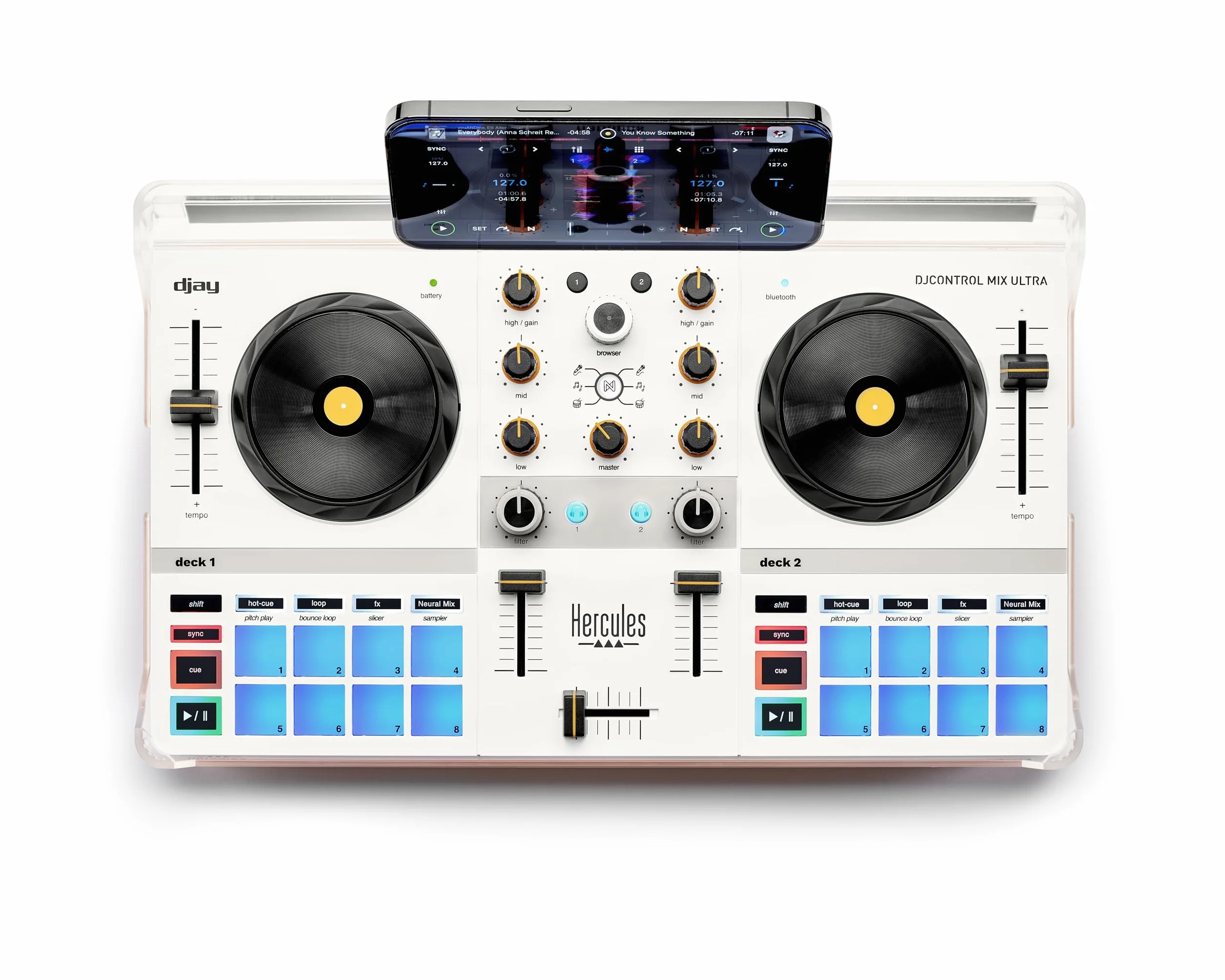 Hercules DJControl Mix - Controladora DJ Inalámbrica Bluetooth para Smartphone (iOS y Android, Algoriddim djay Incluido, Portátil, 2 Decks con 8 Pads) Blanco