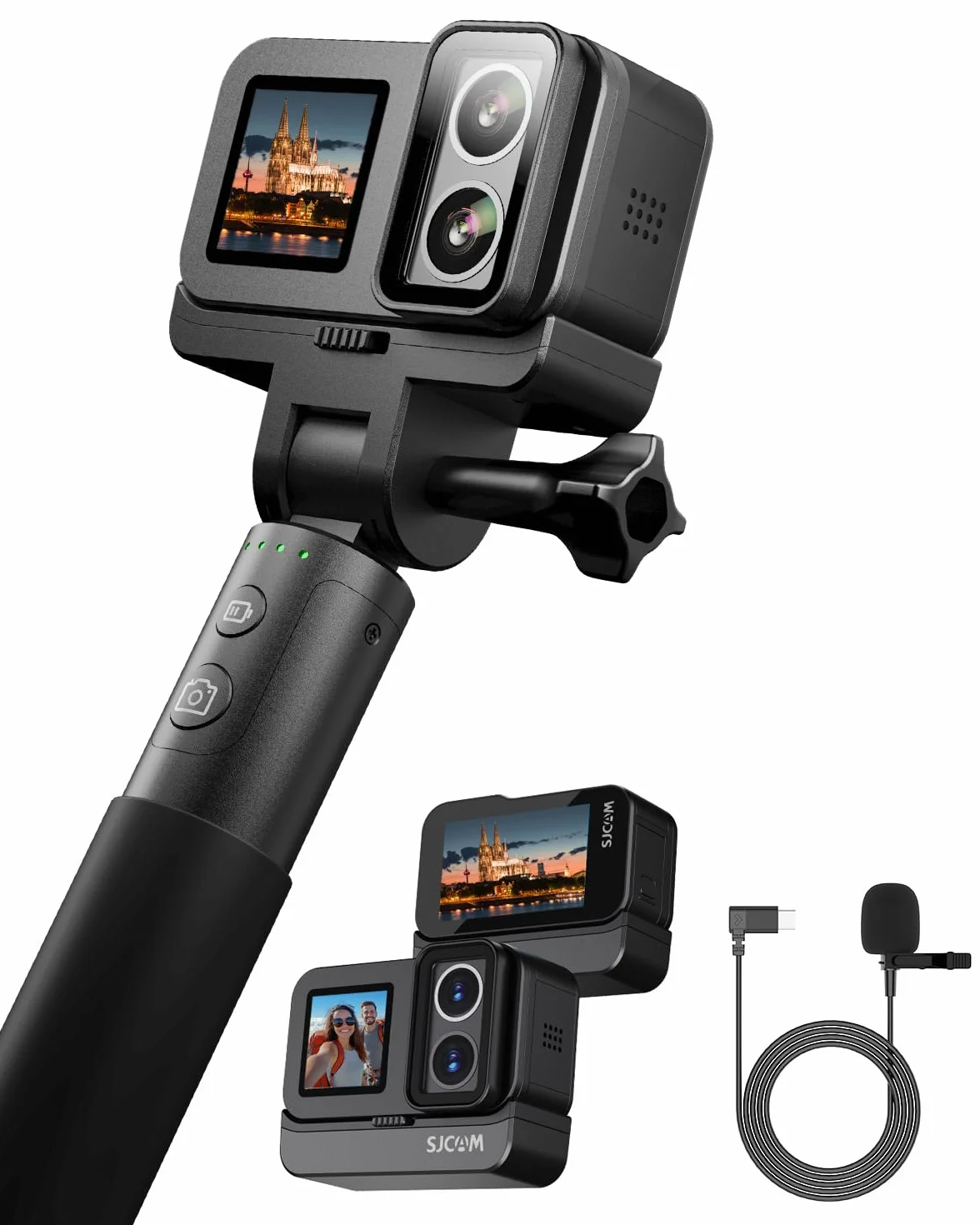 SJCAM SJ20 Micrófono Pack Cámara Deportiva-Doble Objetivo 4K con Palo Selfie de 8 h, Modo Super Nocturno, Zoom 8X, Action CAM Resistente al Agua para Viajes, Vlogs,Sin Tarjeta
