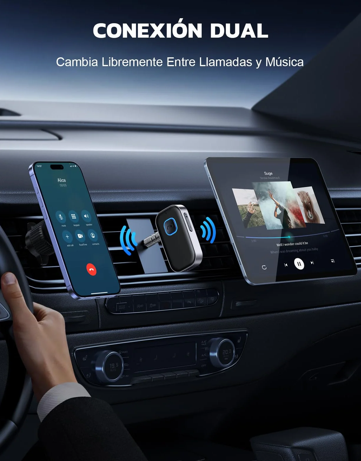 Bluetooth 5.3 Receptor Audio Coche Jack 3.5mm Adaptador 16Hrs Dual Conexión HiFi Manos Libres