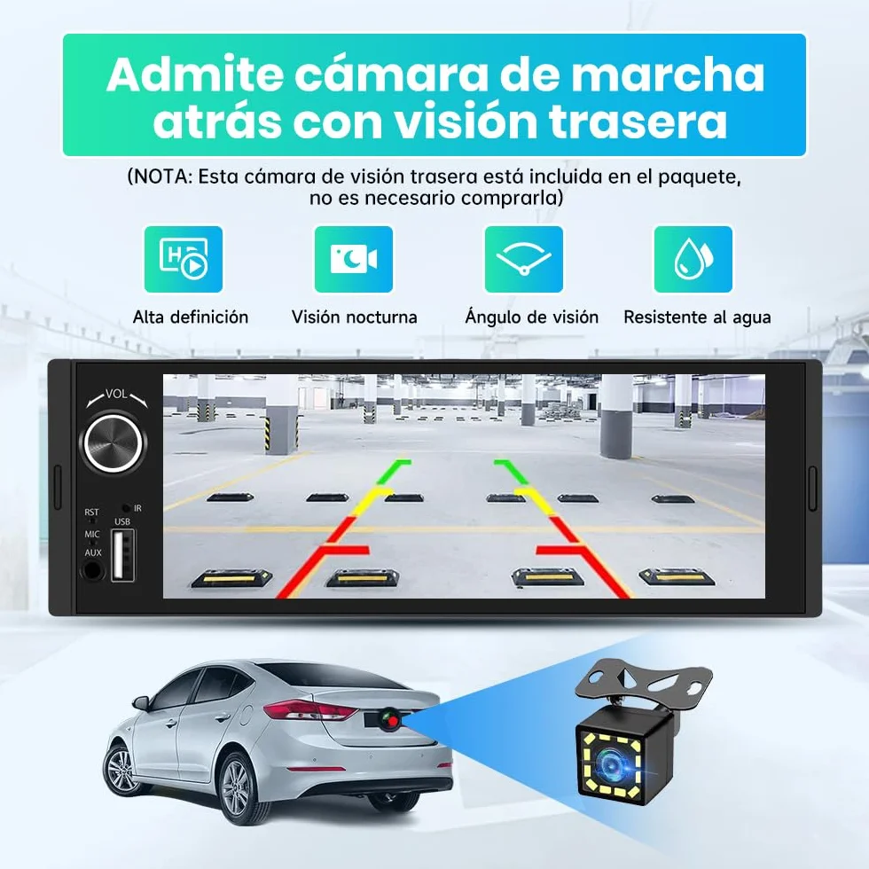 Junsun 6.36 Pulgadas 1 DIN Radio Coche Universal con Pantalla Táctil, con CarPlay/AndroidAuto/Admite Carga Type-C/USB/Micrófono/FM/EQ/WiFi/GPS/Bluetooth 5.0/USB/SWC y Cámara Trasera con Cable 6M