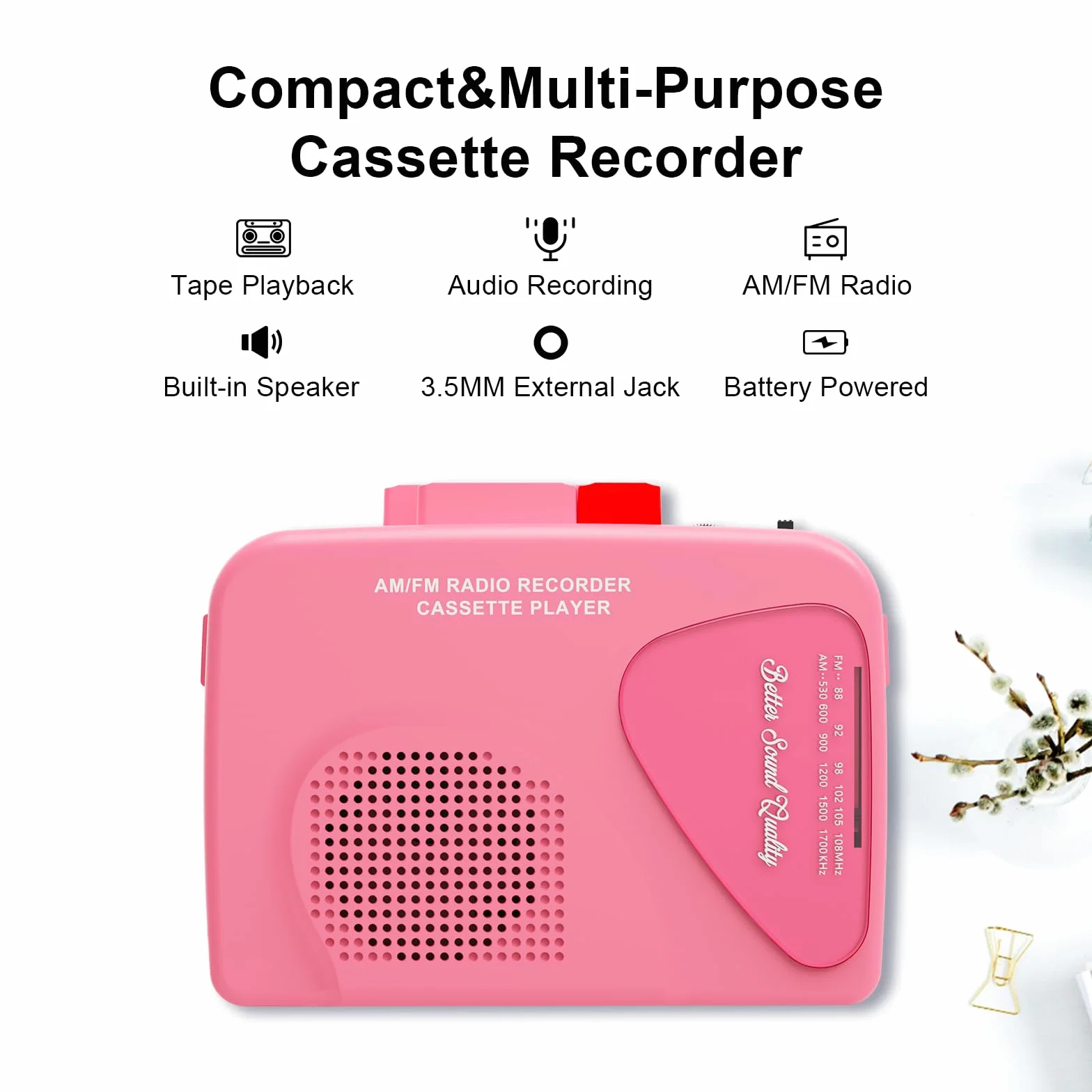 Reproductor de Casete Walkmaner T201, Grabadora Portátil Radio AM/FM, Altavoces Integrados, Rosa