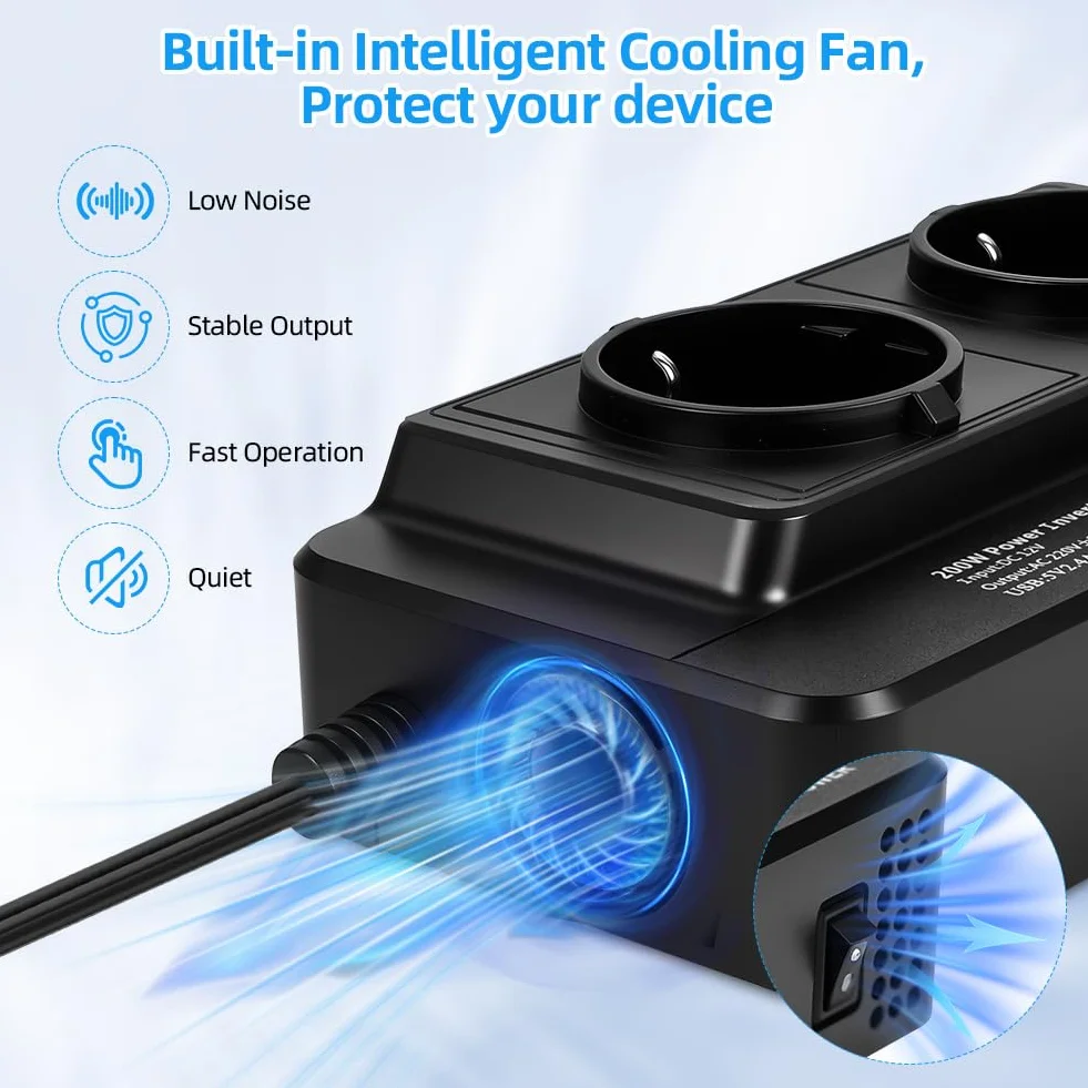 URAQT Inversor para Coche, Inversor de Corriente, Transformador de tensión DC 12 V a AC 230 V 200W con 4 Puertos USB y 2 enchufes UE-USB 3.0 y USB 2.0, Convertidor de Voltaje para Coche, Camping, RV
