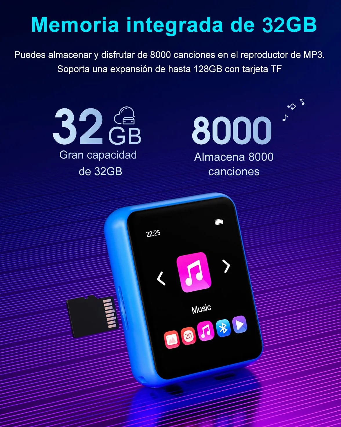 Reproductor MP3 Bluetooth 5.0 32GB con Pantalla Táctil, HiFi, Radio FM, Grabación de Voz