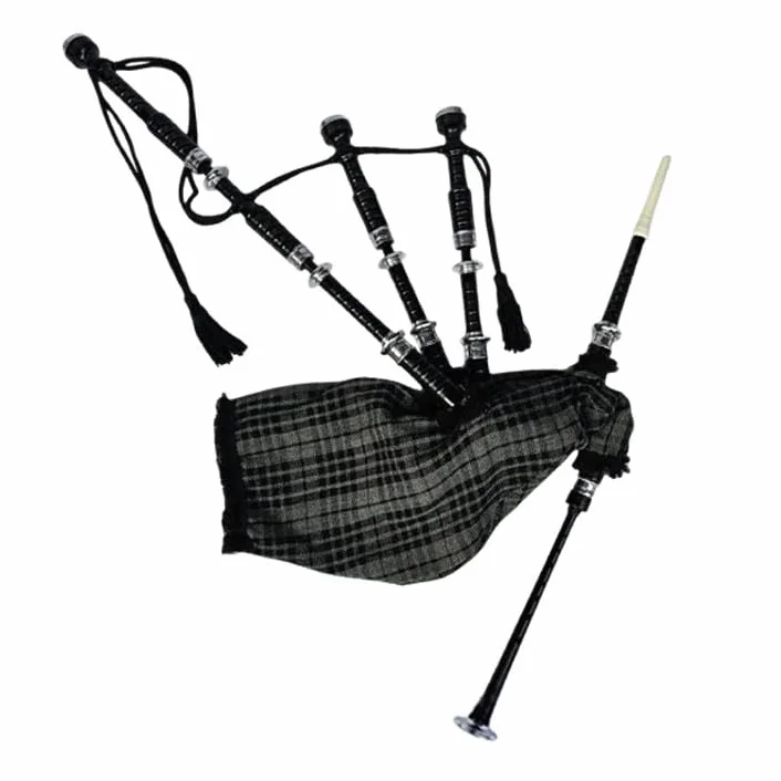 Highland - Gaita gris con diseño de tartán de las tierras altas con soportes plateados, juego completo de drones, cañas de práctica, libro de tutores, funda de transporte, pipas escocesas