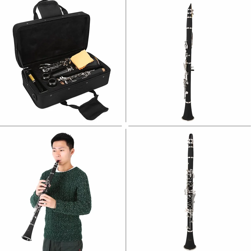 Clarinete Sib, 17 Teclas Clarinete Baquelita Tono B Descendente con Lengüetas Bolsa de Paño de Limpieza Instrumentos de Viento de Madera