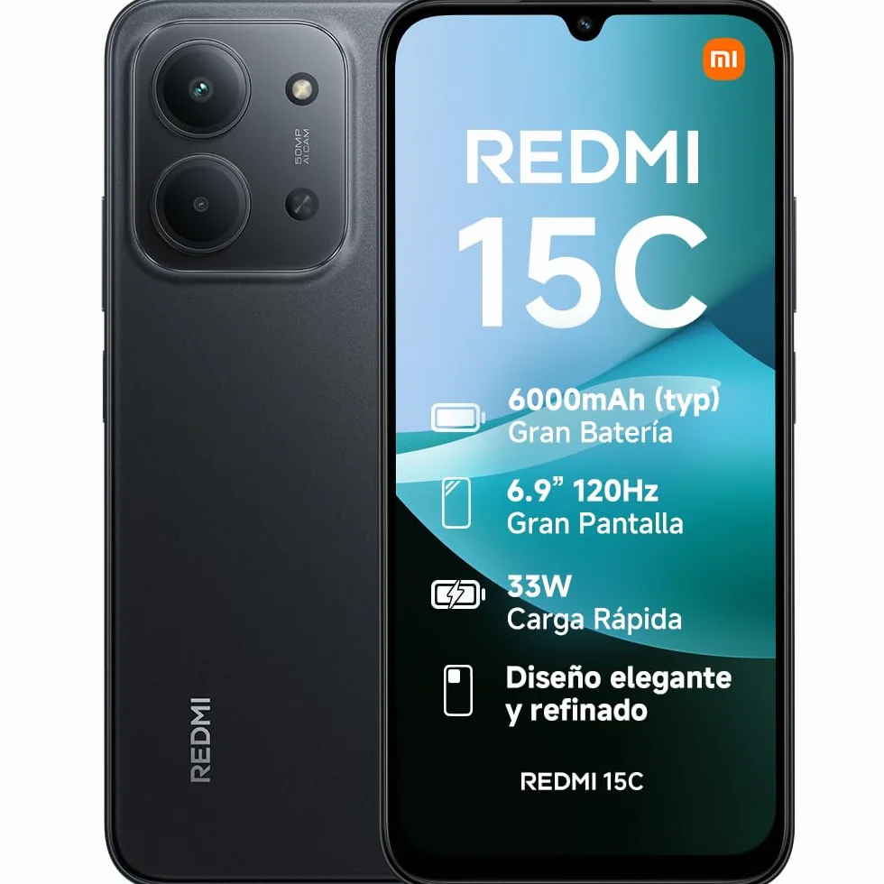 XIAOMI Redmi 15C - Smartphone de 4+128GB, Cámara Dual con IA de 50 MP, Pantalla inmersiva de 6,9" 120 Hz, Potente procesador octacore, Carga rápida de 33W, Cargador no Incluido, Negro (Versión ES)