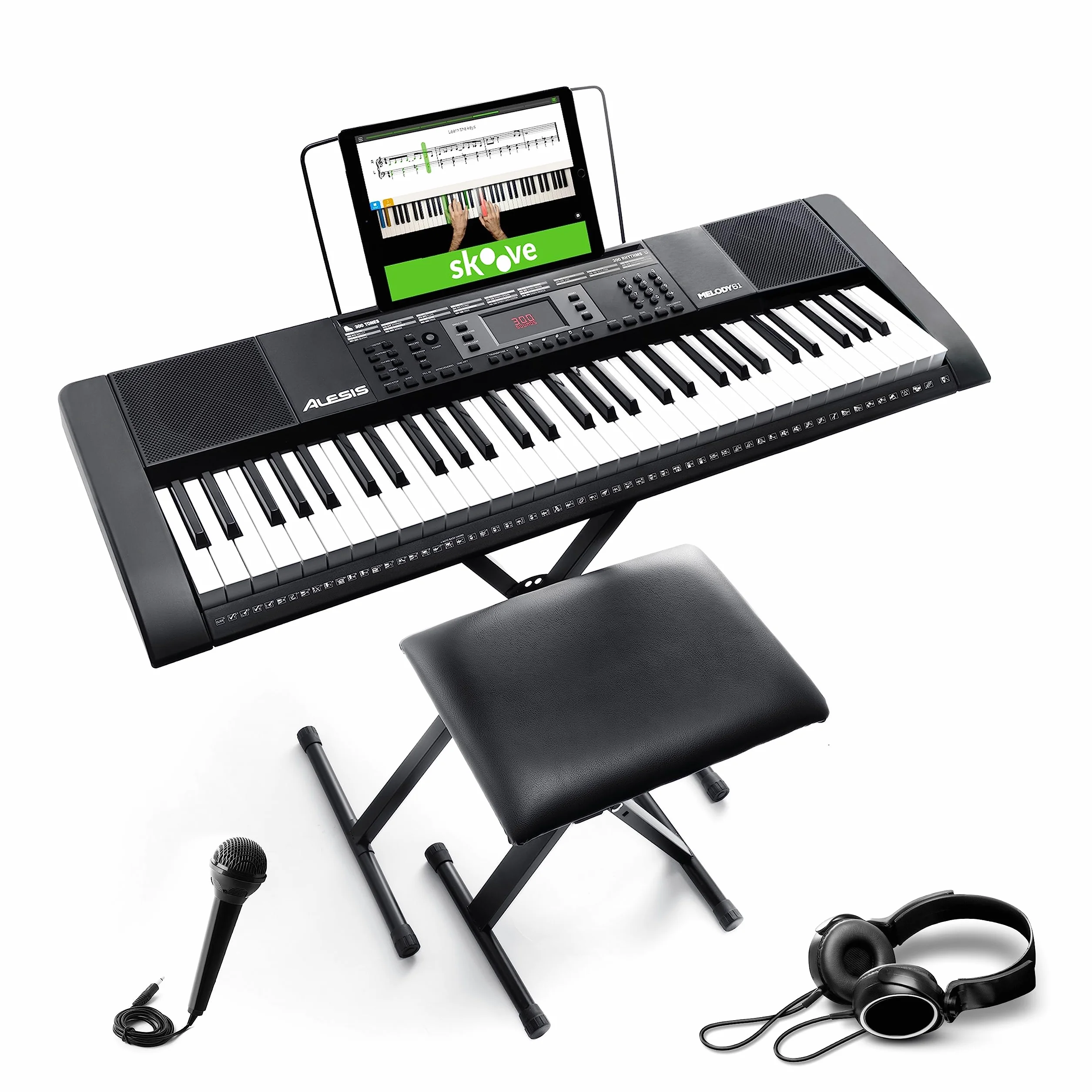 Alesis Melody 61 - Teclado de piano electrico para principiantes con altavoces, soporte, banqueta, auriculares, micrófono, atril, 300 sonidos y lecciones de música, Modelo Antiguo