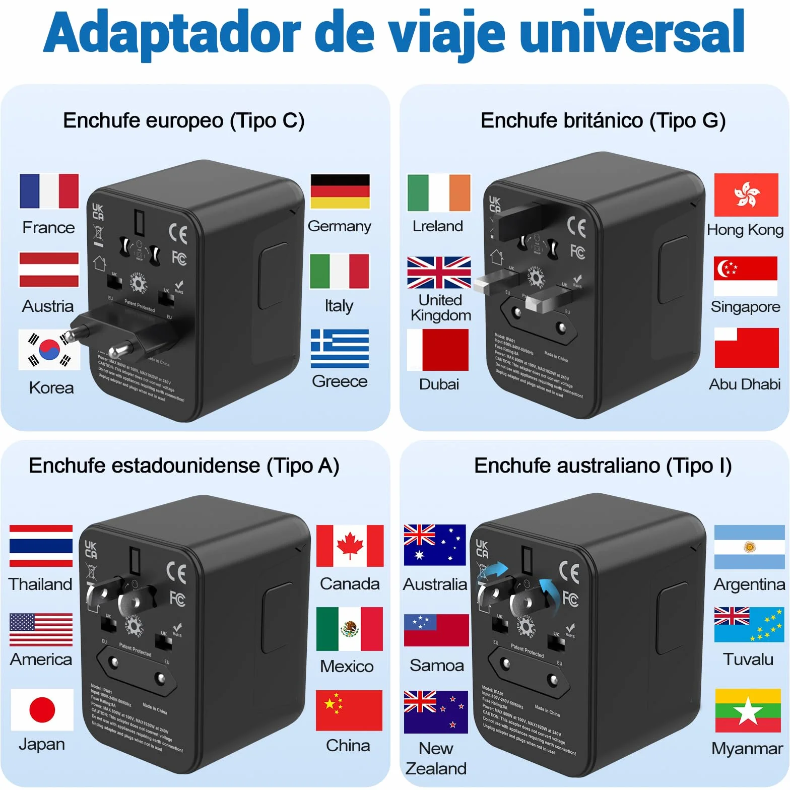 Adaptador Enchufe Universal Adaptador de Viaje con 2 USB-C y 2 USB-A, Enchufe USB Adaptador Universal para EU, UK, Americano, Canadá, Australia,Brasil,Argentina& 200+País