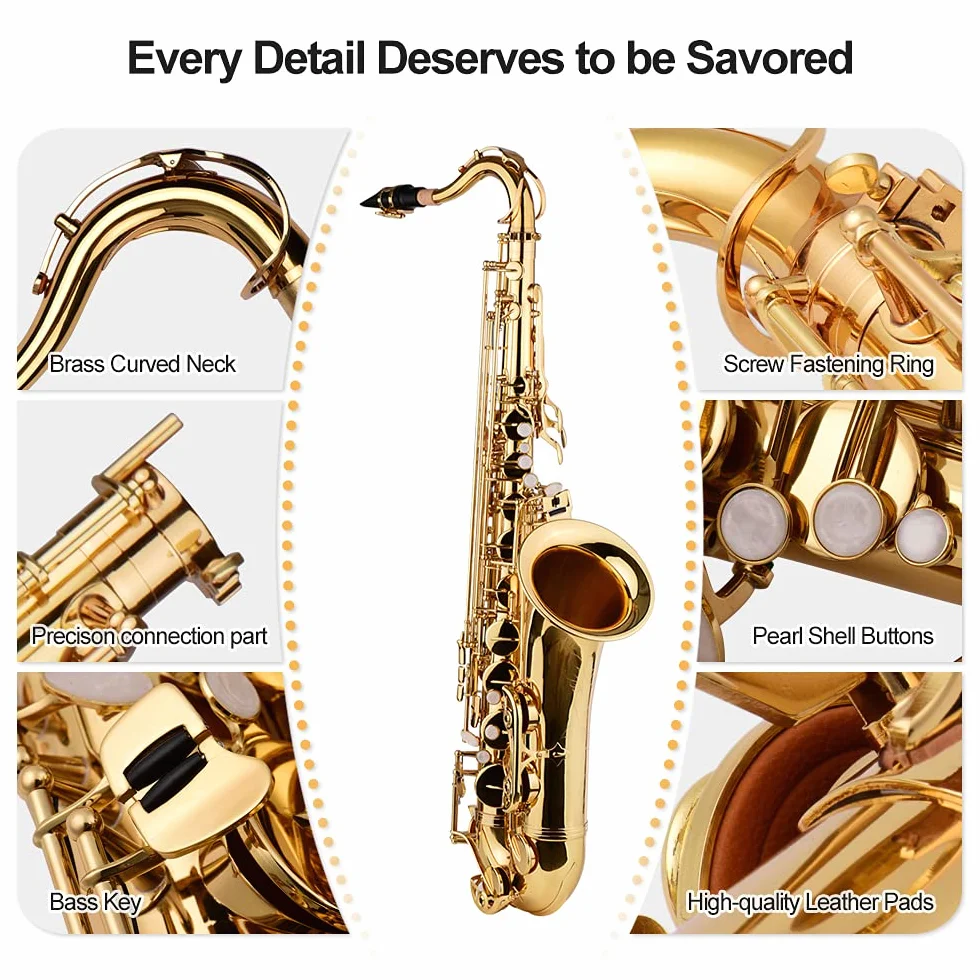 Lechnical Saxofón tenor Bb Sax Cuerpo de latón Superficie lacada en oro Instrumento de viento de madera con estuche de transporte Guantes Paño de limpieza Cepillo Sax Correas para el cuello