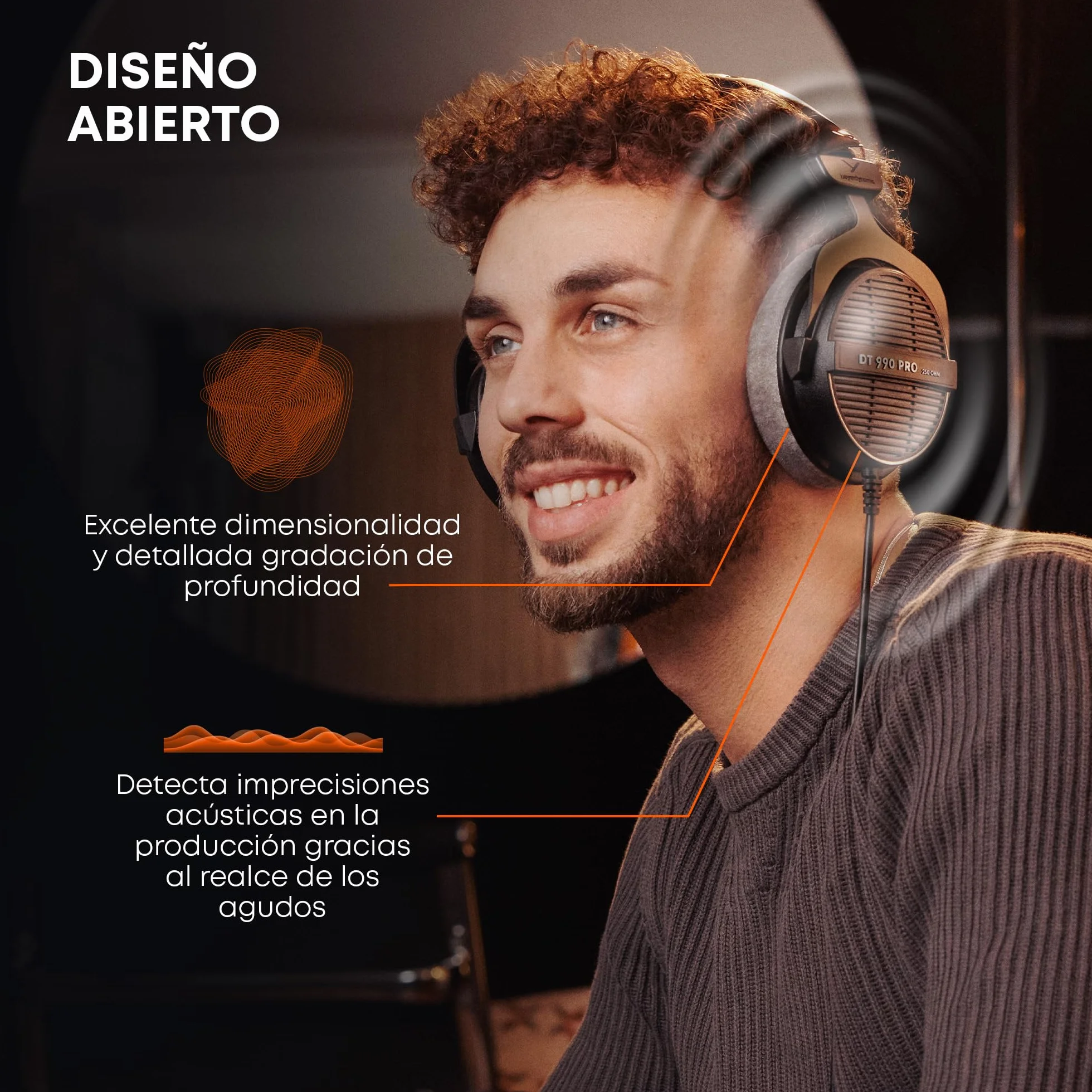 beyerdynamic DT 990 Pro Auriculares de Estudio circumaurales con Cable, de un Solo Auricular, Ideales para Mezcla, masterización y edición. 250 ohmios. Hechos a Mano en Alemania.