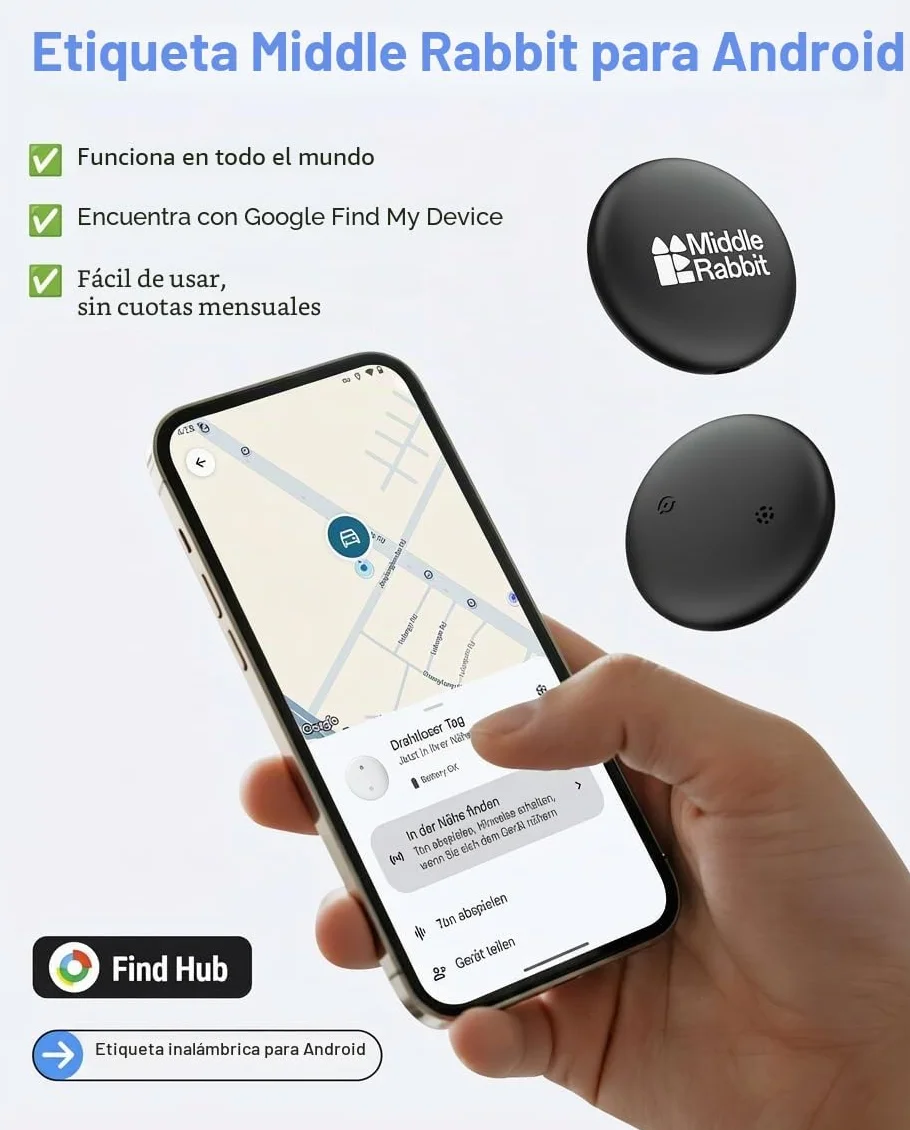 Localizador Perro Android para Collar, Rastreador Bluetooth Compatible con Google Find Hub, GPS para Perros Sin Suscripción, Resistente al Agua IPX6, Middle Rabbit