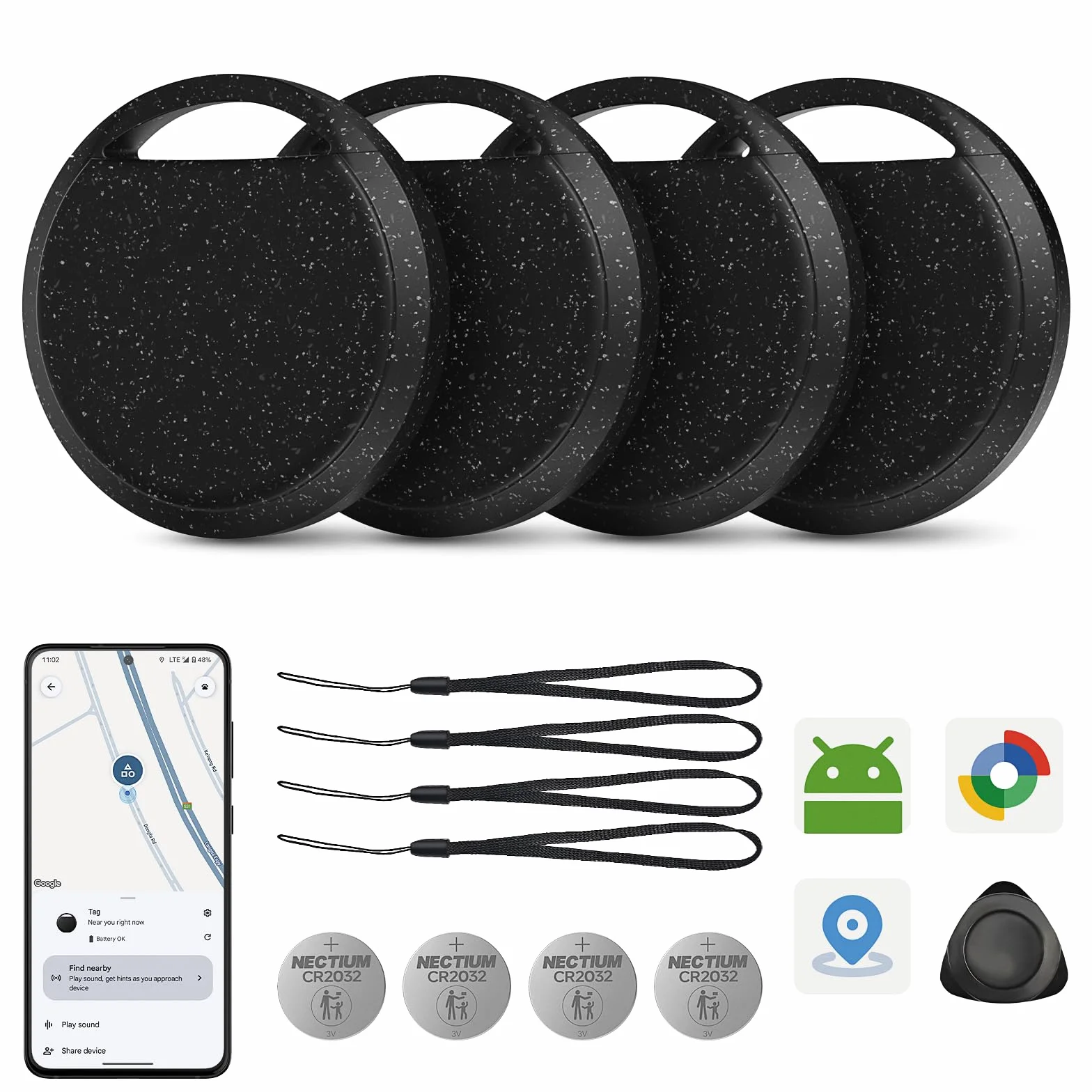 RSH Android Smart Tracker Tag, Tracker Compatible con Google Find Hub App (Sólo Android), Localizador Bluetooth, Rastreador para Llaves, Cartera, Equipaje, Impermeable IP68, 4 Negro