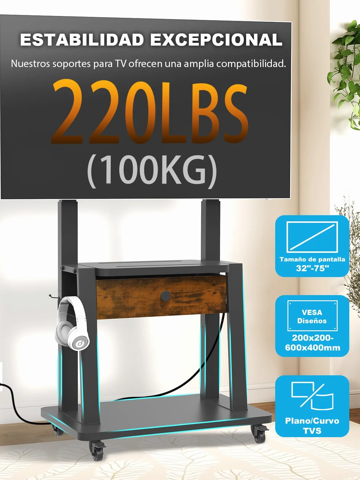 Soporte de TV rodante con toma de corriente y cajón de tela para visualización plana/curvada de 32-75 pulgadas de hasta 200 libras, LCD/LED/OLED, altura ajustable, carrito de TV móvil con ruedas, para