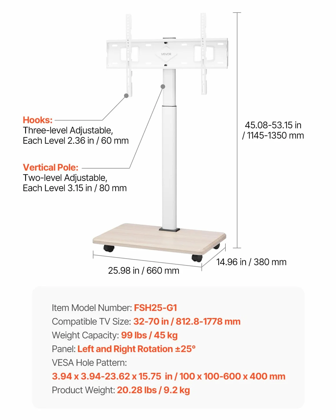 VEVOR Soporte de TV con Ruedas para Televisores 812,8-1778 mm 45 kg, Rotación 25° Izquierda Derecha, Altura Ajustable, Estante